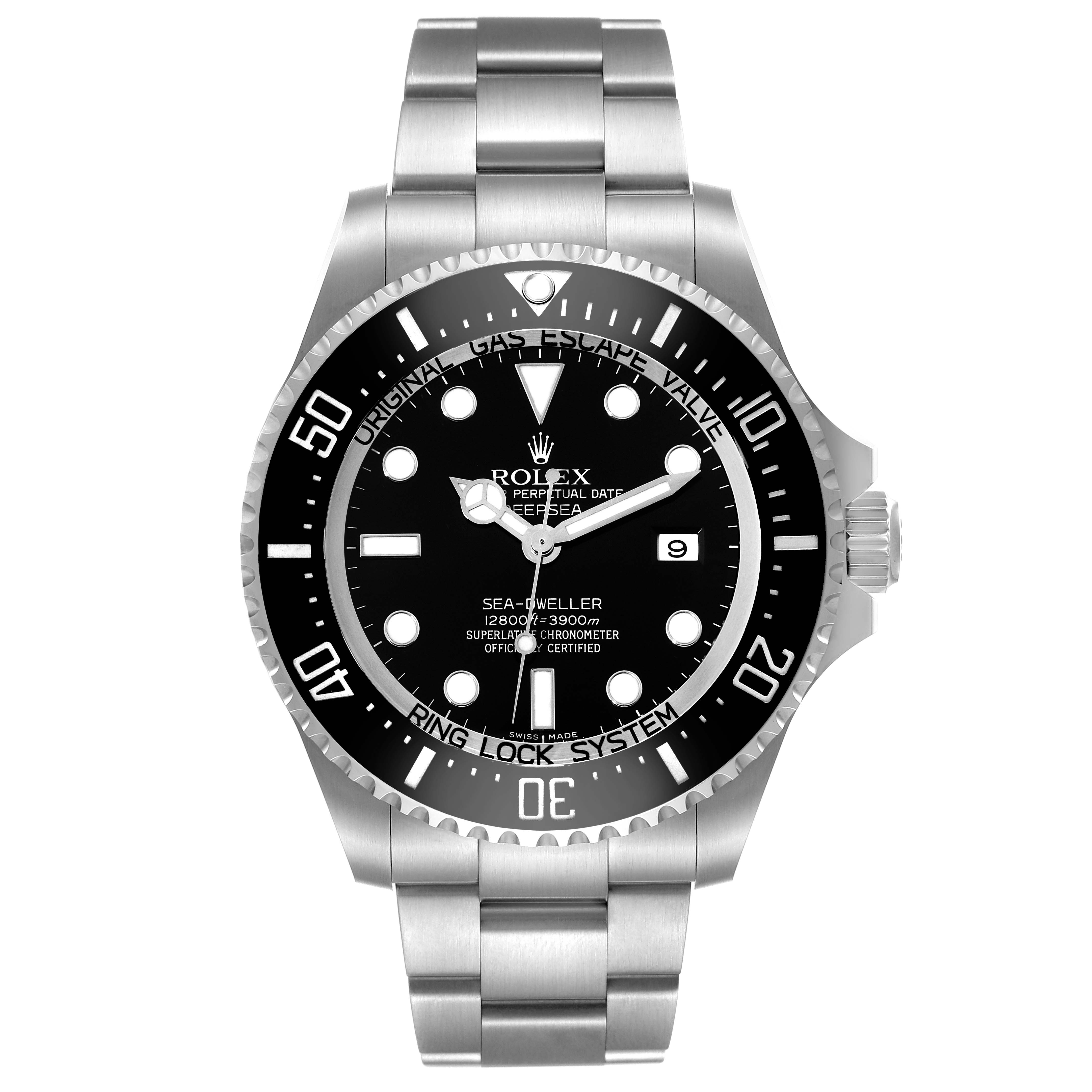 The image shows a frontal view of the Rolex Sea-Dweller 116660 Men
s Stainless Steel Black Dial 116660 Men
s Stainless Steel Black Dial watch, displaying the dial, bezel, and bracelet.