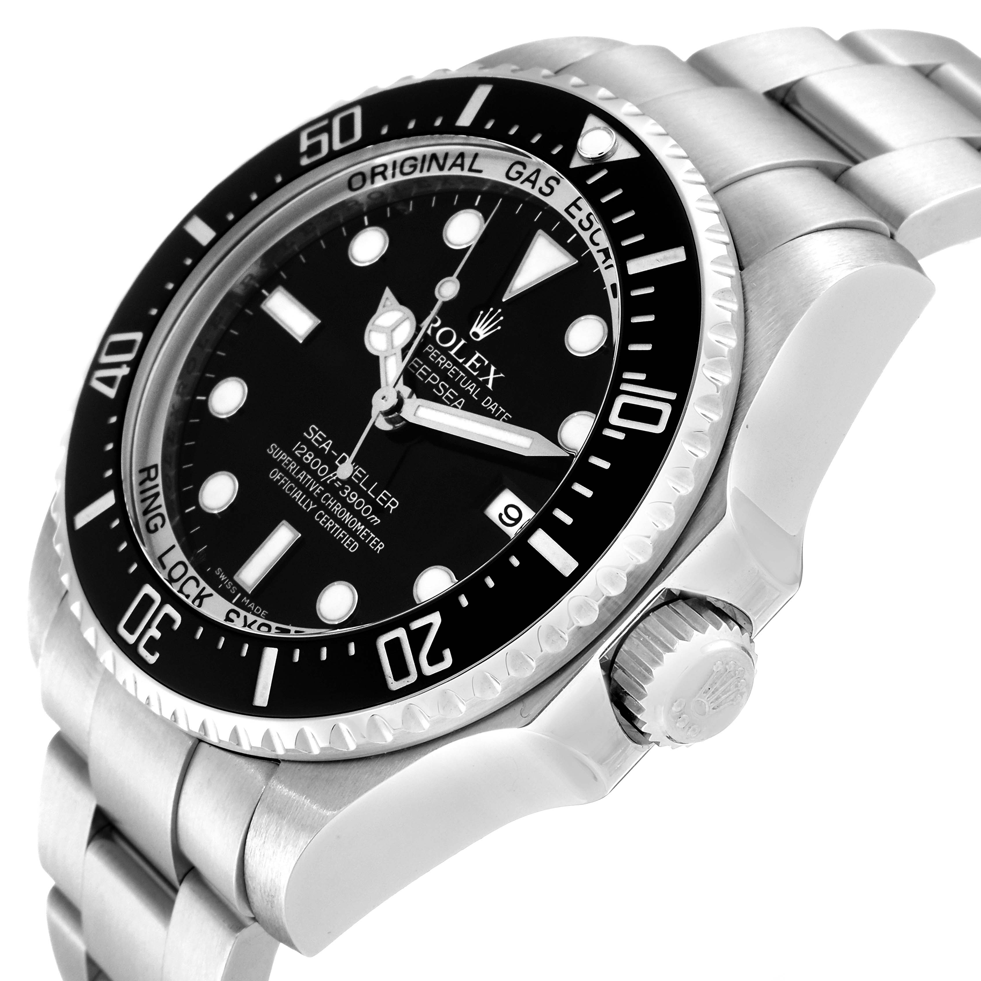 The Rolex Sea-Dweller 116660 Men
s Stainless Steel Black Dial 116660 Men
s Stainless Steel Black Dial watch is shown at an angle highlighting the dial, bezel, case, and part of the bracelet.