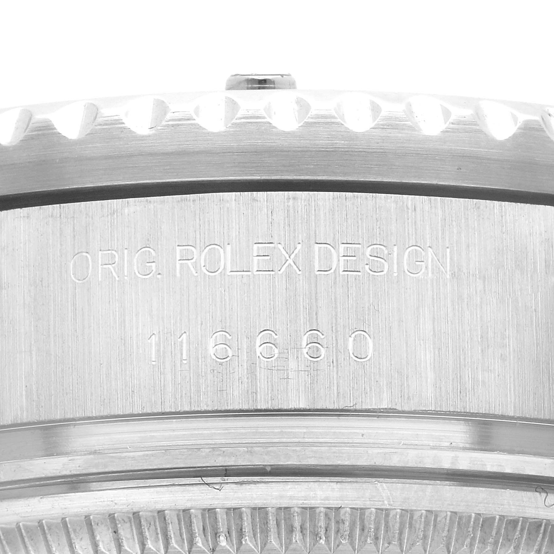This image shows a close-up of the case side of a Rolex Sea-Dweller 116660 Men
s Stainless Steel Black Dial 116660 Men
s Stainless Steel Black Dial watch, highlighting its model number 116660 and original design engraving.