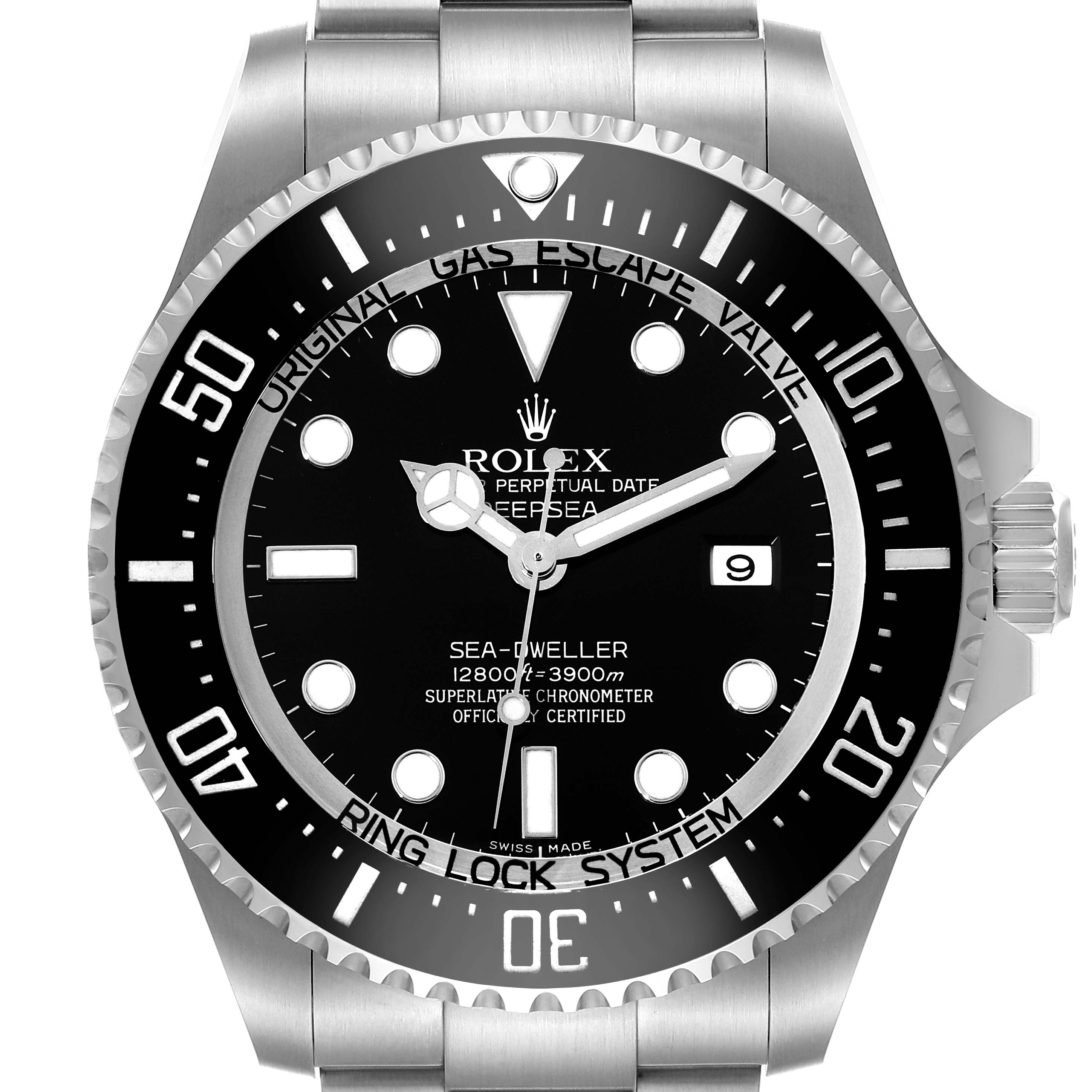This image shows a front view of the Rolex Sea-Dweller 116660 Men
s Stainless Steel Black Dial 116660 Men
s Stainless Steel Black Dial watch, highlighting the dial, bezel, and part of the bracelet.