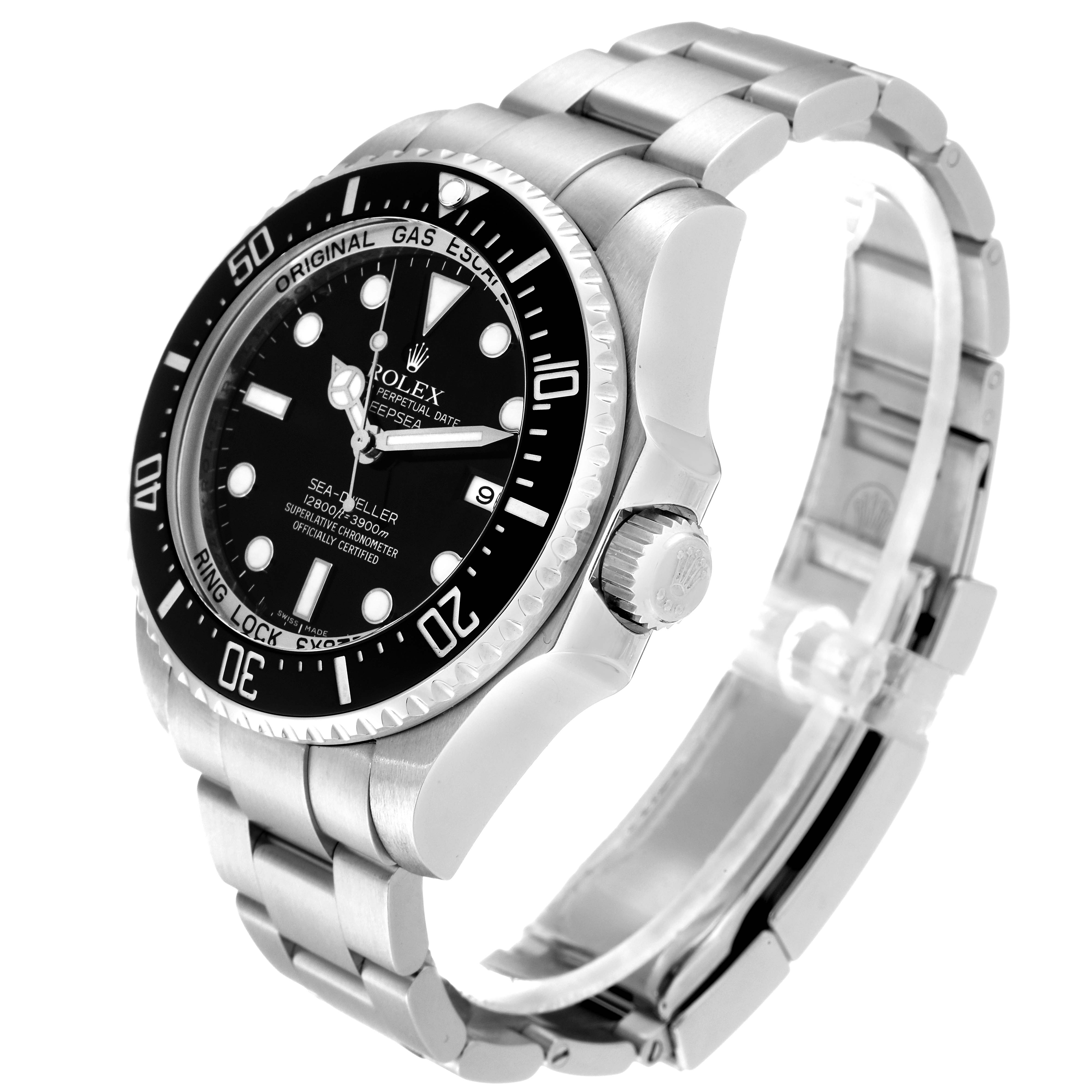 This image shows a side angle of a Rolex Sea-Dweller 116660 Men
s Stainless Steel Black Dial 116660 Men
s Stainless Steel Black Dial watch, highlighting the bezel, dial, crown, and stainless steel bracelet.