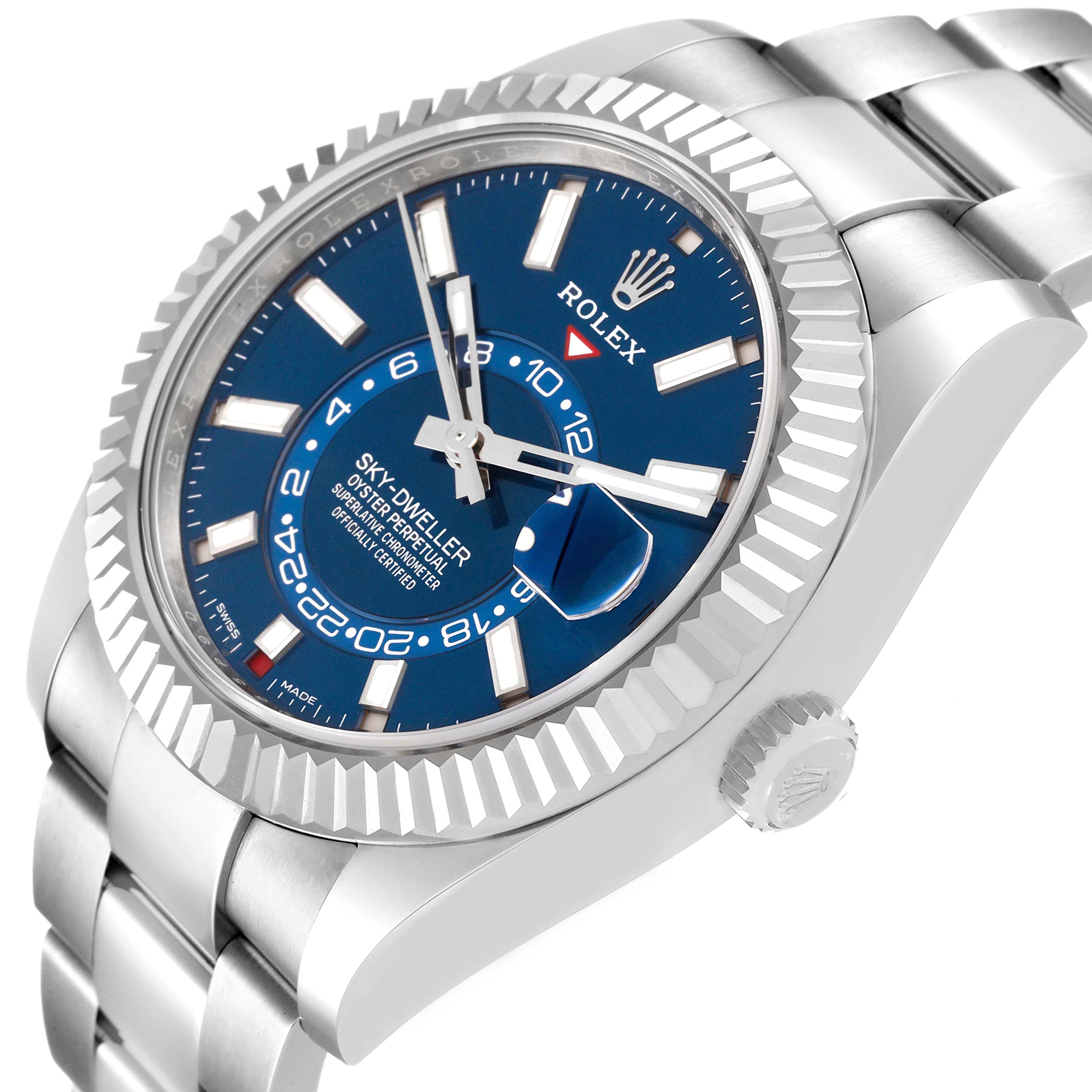 The Rolex Sky-Dweller 326934 Men
s Stainless Steel Blue Dial 326934 Men
s Stainless Steel Blue Dial is shown at a three-quarter angle displaying the dial, bezel, crown, and part of the bracelet.