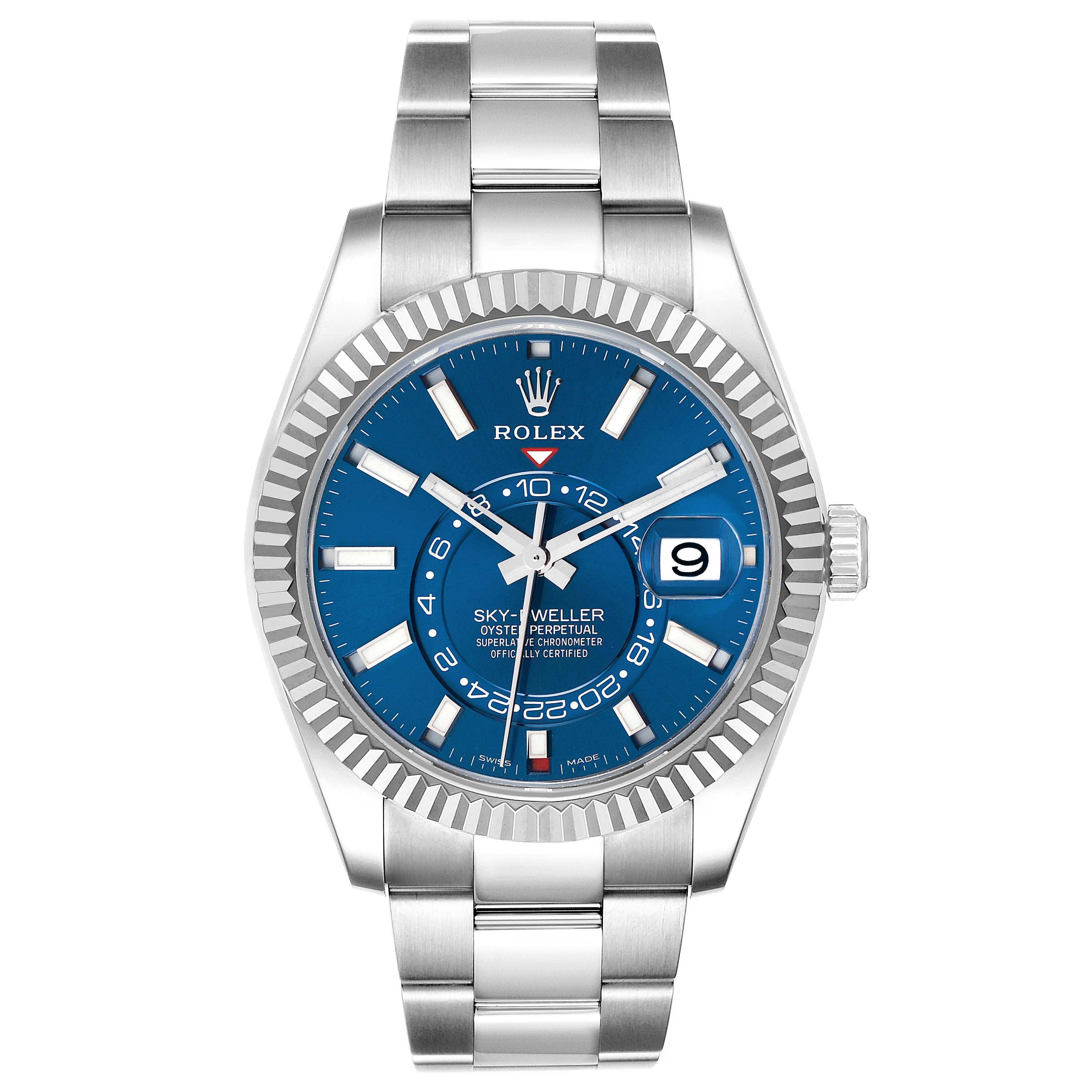 The Rolex Sky-Dweller 326934 Men
s Stainless Steel Blue Dial 326934 Men
s Stainless Steel Blue Dial watch is shown from a front angle displaying its blue dial, stainless steel bezel, and bracelet.