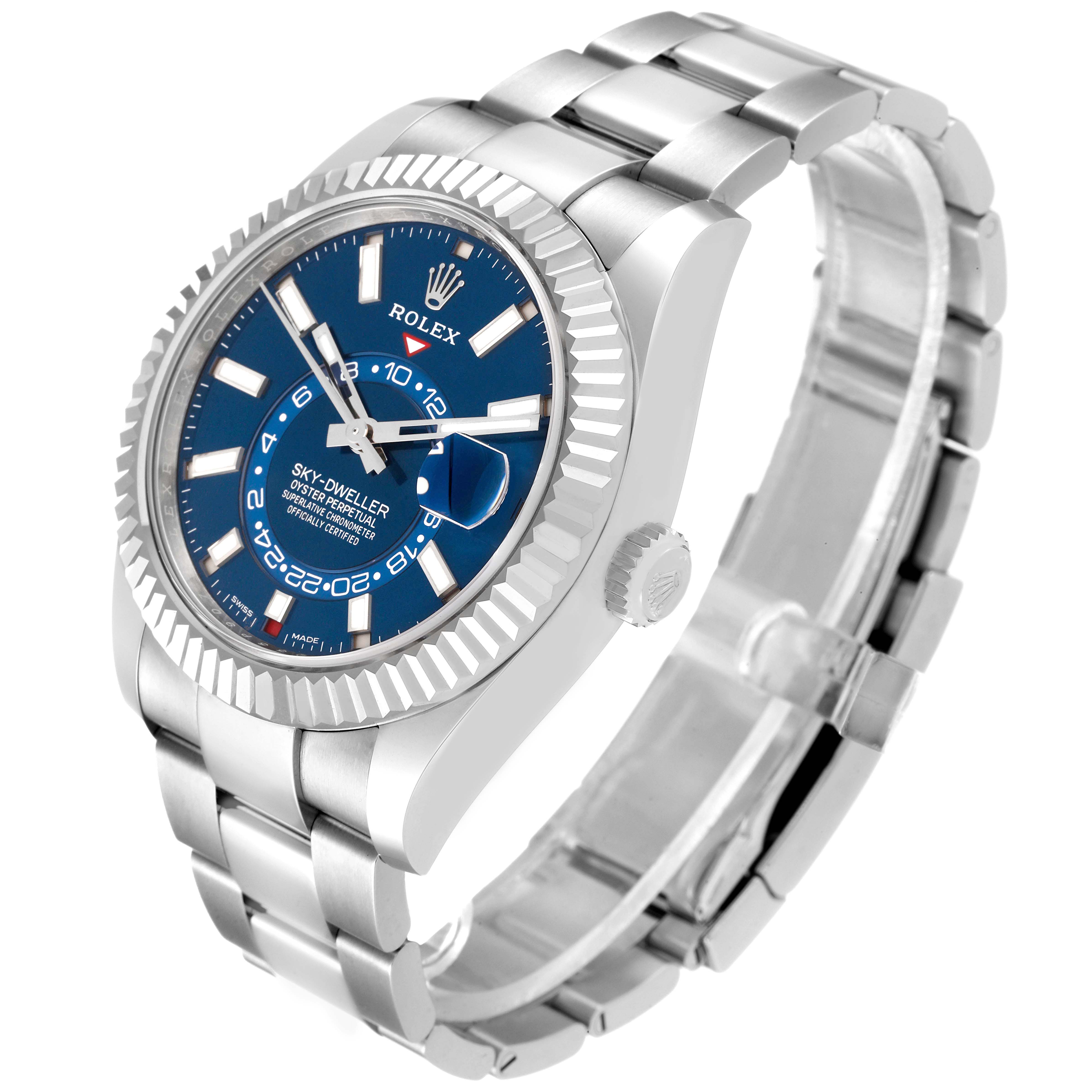 The Rolex Sky-Dweller 326934 Men
s Stainless Steel Blue Dial 326934 Men
s Stainless Steel Blue Dial watch is shown at a slight angle displaying the dial, bezel, bracelet, crown, and part of the case.