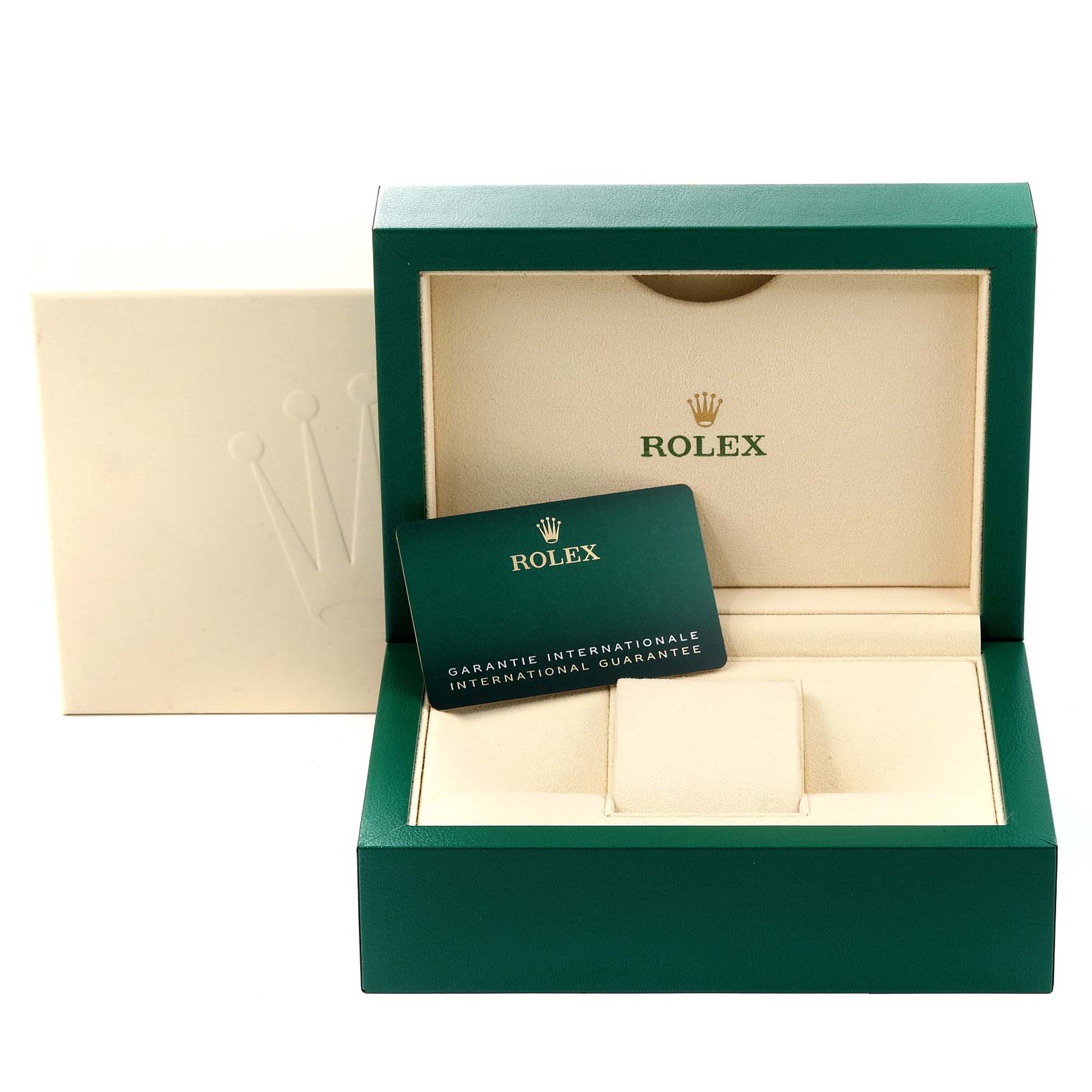 The image shows a Rolex Sky-Dweller 326934 Men
s Stainless Steel Blue Dial 326934 Men
s Stainless Steel Blue Dial watch box, guarantee card, and packaging from a frontal angle.