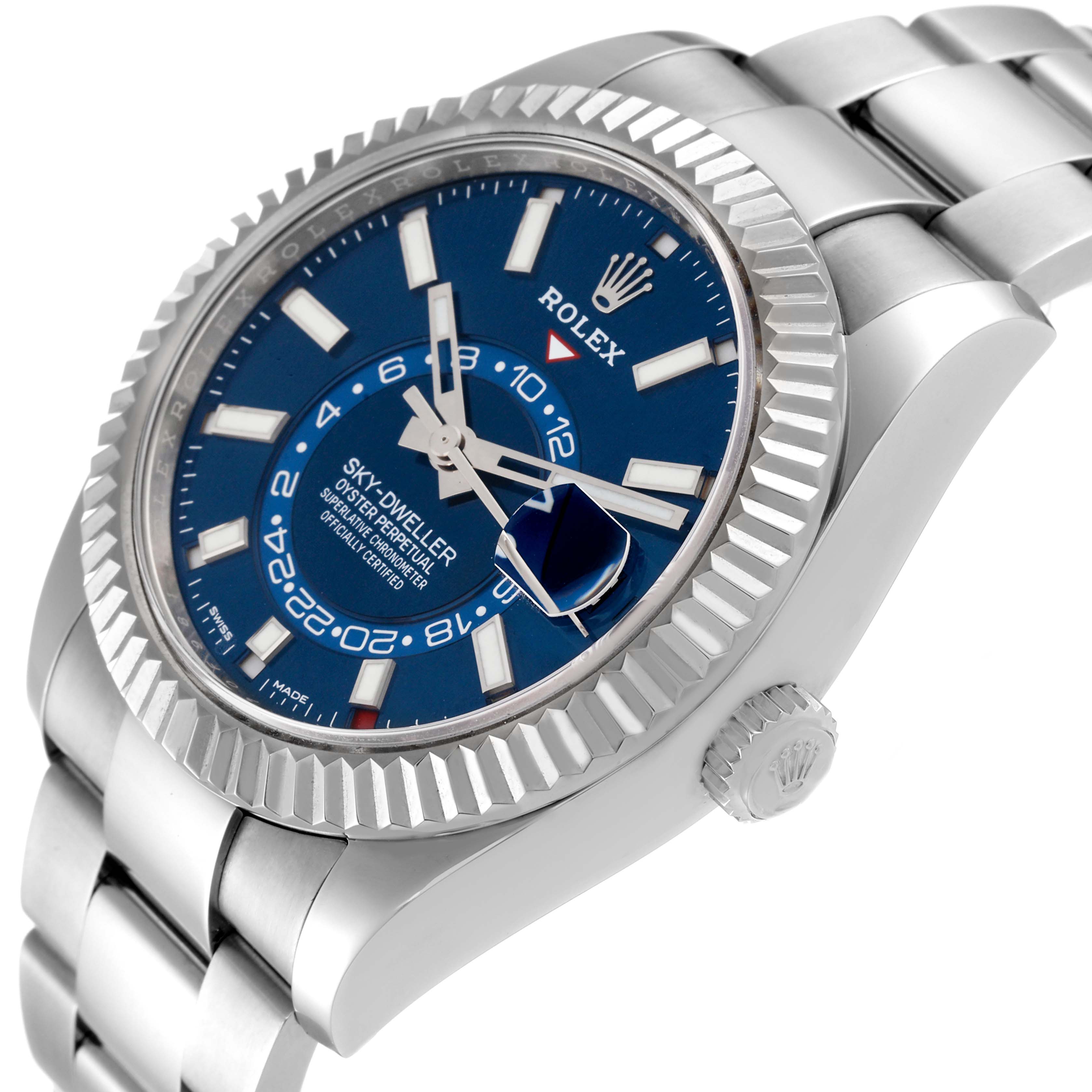 This image shows the Rolex Sky-Dweller 326934 Men's Stainless Steel Blue Dial 326934 Men's Stainless Steel Blue Dial watch at an angle highlighting the dial, bezel, and part of the bracelet.