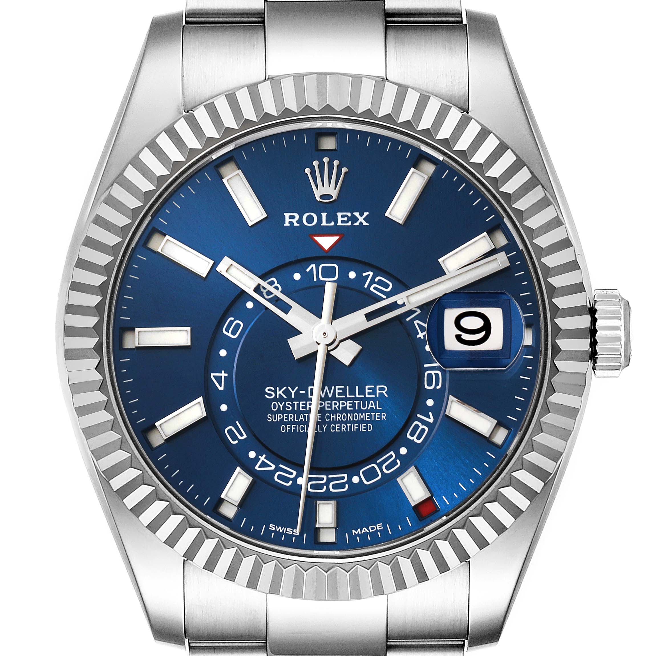 The Rolex Sky-Dweller 326934 Men's Stainless Steel Blue Dial 326934 Men's Stainless Steel Blue Dial watch is shown head-on, featuring its blue dial, date display, and fluted bezel.