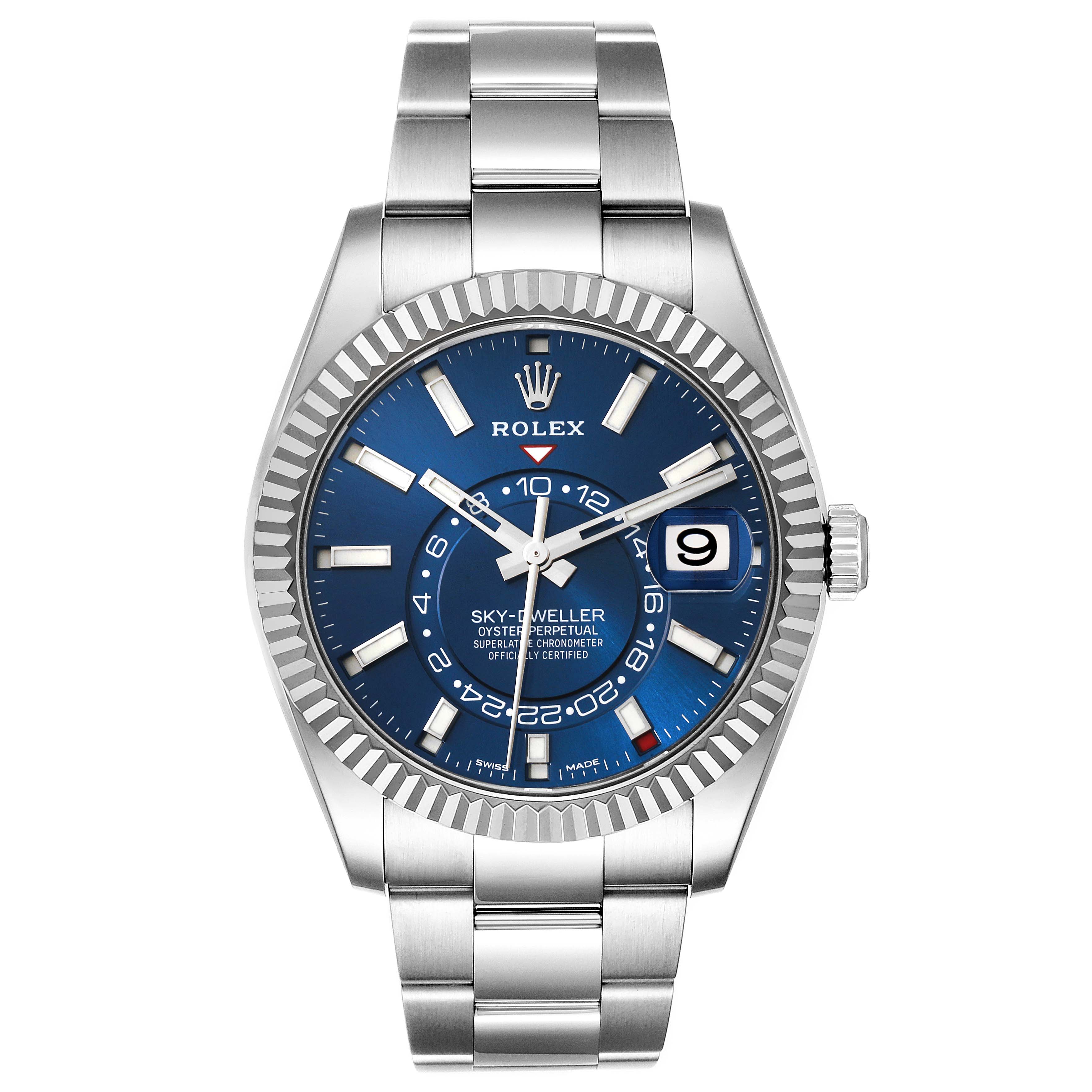 The image shows a front view of a Rolex Sky-Dweller 326934 Men's Stainless Steel Blue Dial 326934 Men's Stainless Steel Blue Dial watch, highlighting its blue dial, date display, and stainless steel bracelet.