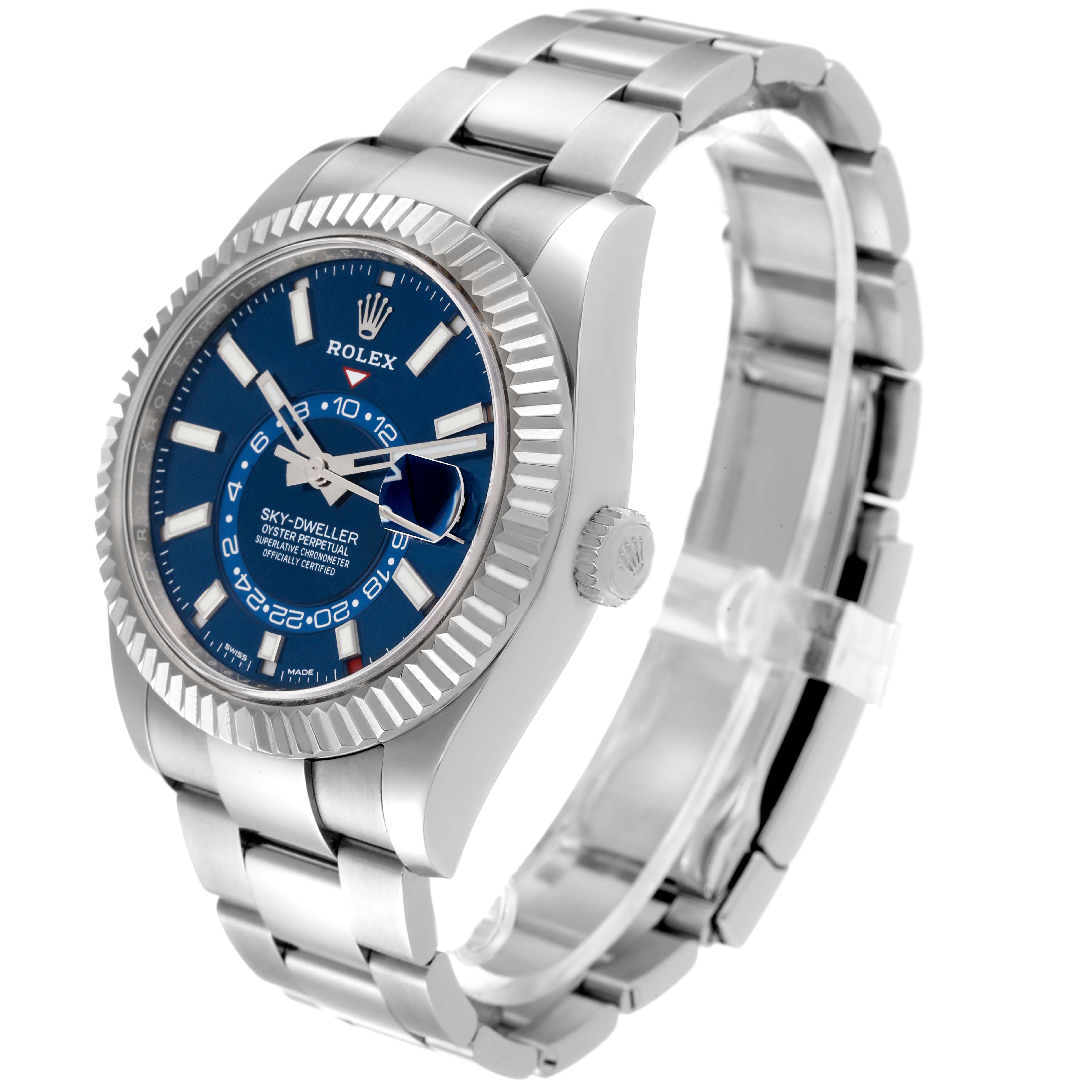 This image shows a side and front angle of the Rolex Sky-Dweller 326934 Men's Stainless Steel Blue Dial 326934 Men's Stainless Steel Blue Dial watch, featuring its blue dial and metal bracelet.