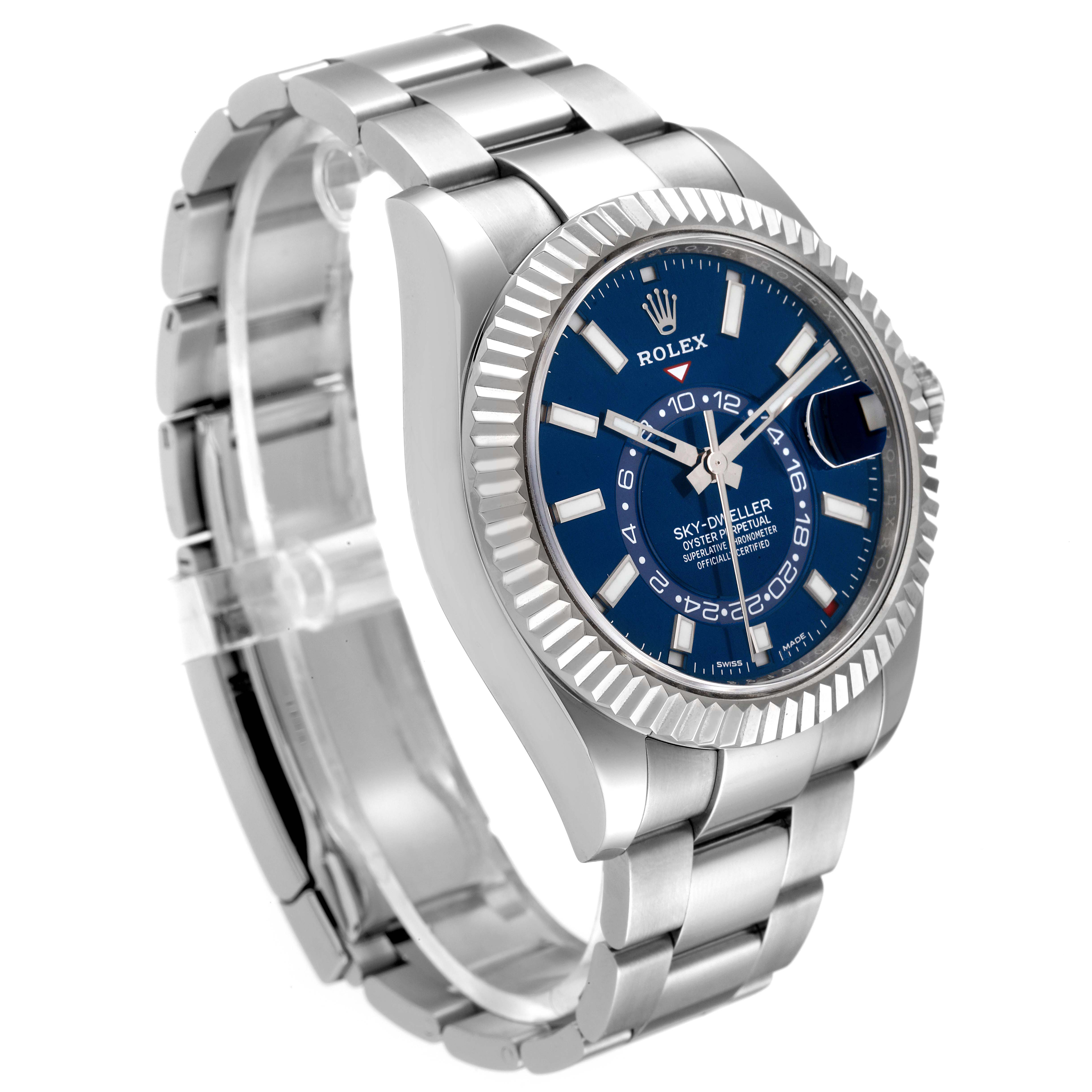The image shows a Rolex Sky-Dweller 326934 Men's Stainless Steel Blue Dial 326934 Men's Stainless Steel Blue Dial watch, angled to display the front dial, bezel, and part of the metal bracelet.