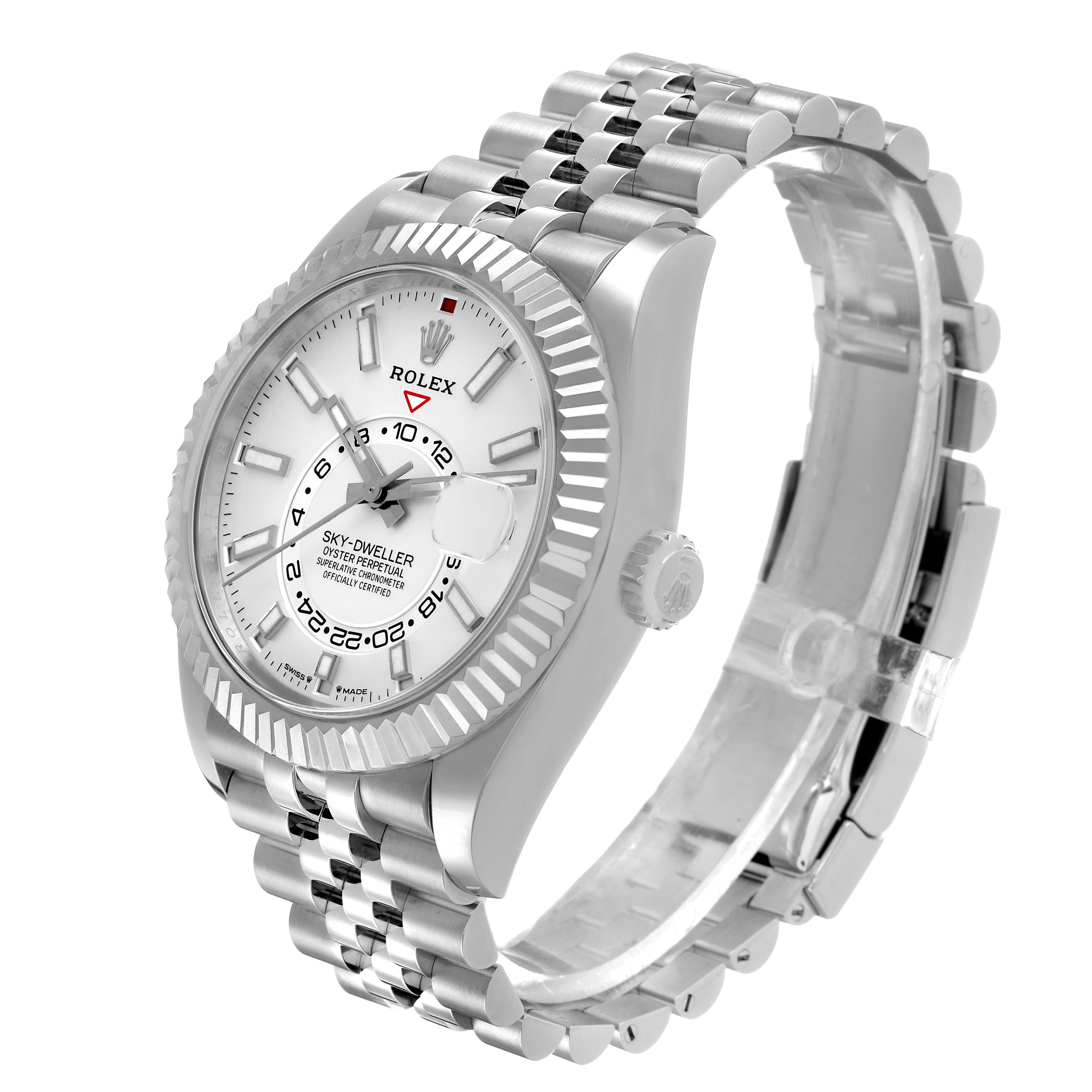 The Rolex Sky-Dweller 336934 Men's Stainless Steel White Dial watch is shown at a 3/4 angle revealing the face, bezel, crown, and part of the bracelet.