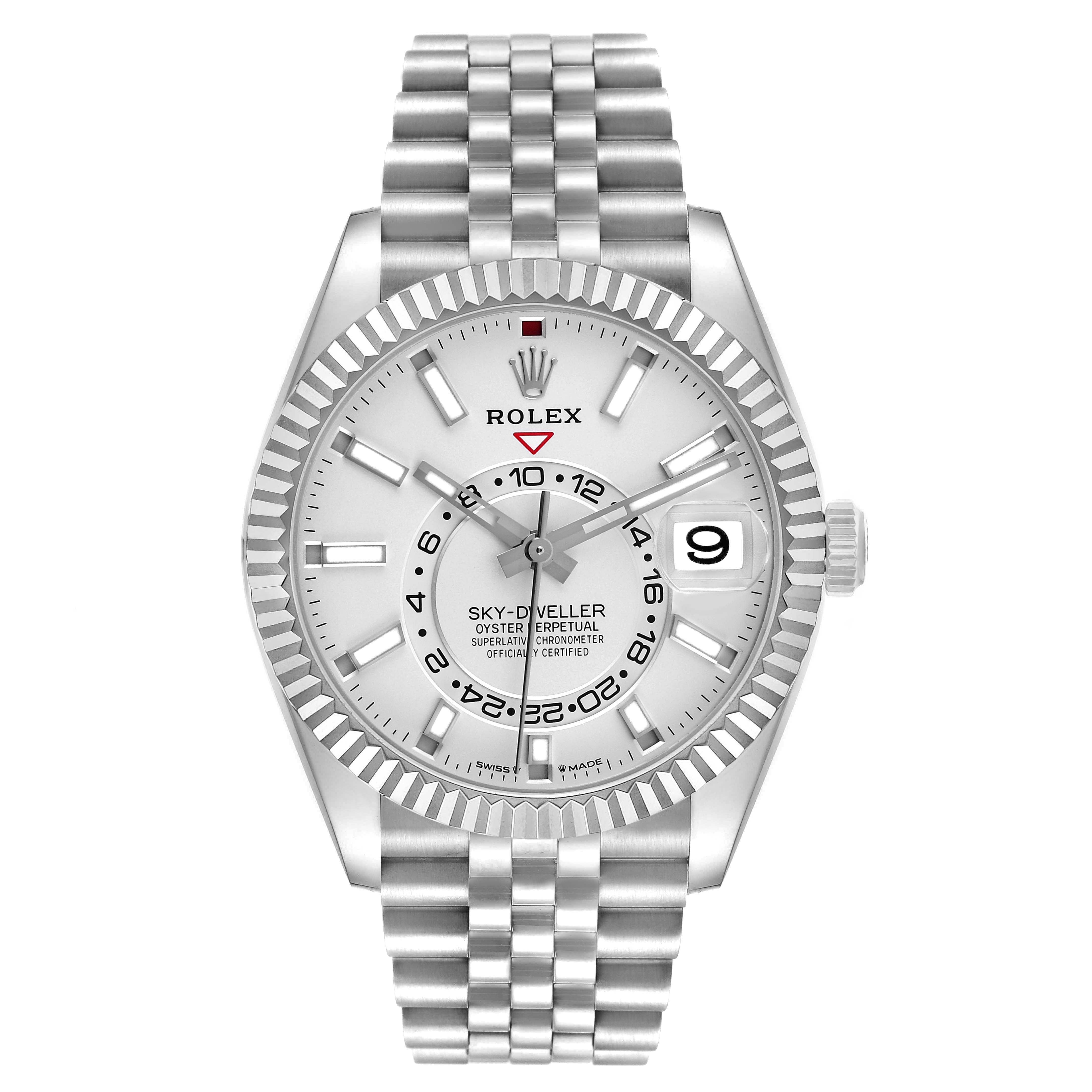 The Rolex Sky-Dweller 336934 Men's Stainless Steel White Dial watch is shown from a front angle, displaying the face, bezel, crown, and part of the bracelet.
