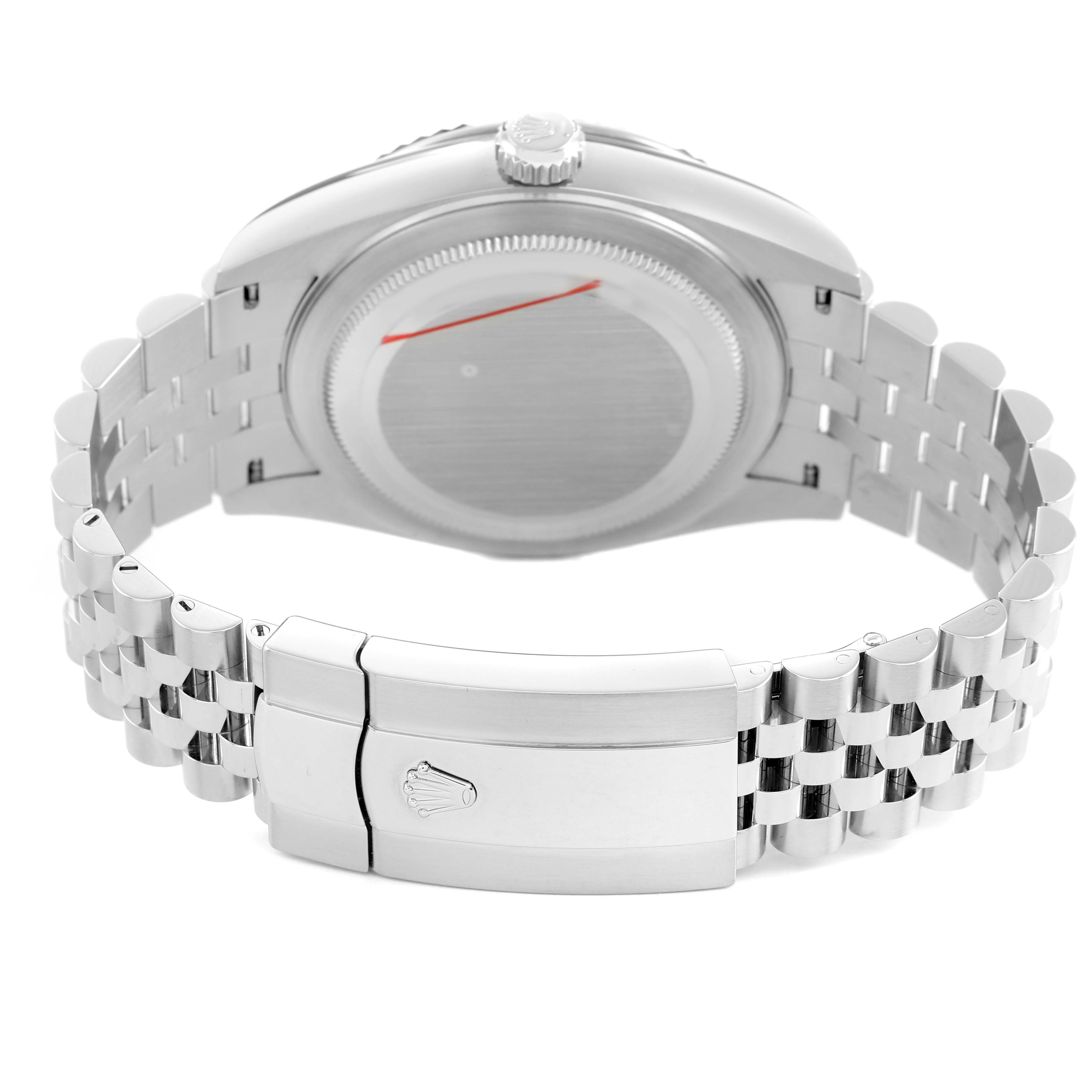 The image shows the back view of a Rolex Sky-Dweller 336934 Men's Stainless Steel White Dial watch, highlighting the clasp and bracelet.