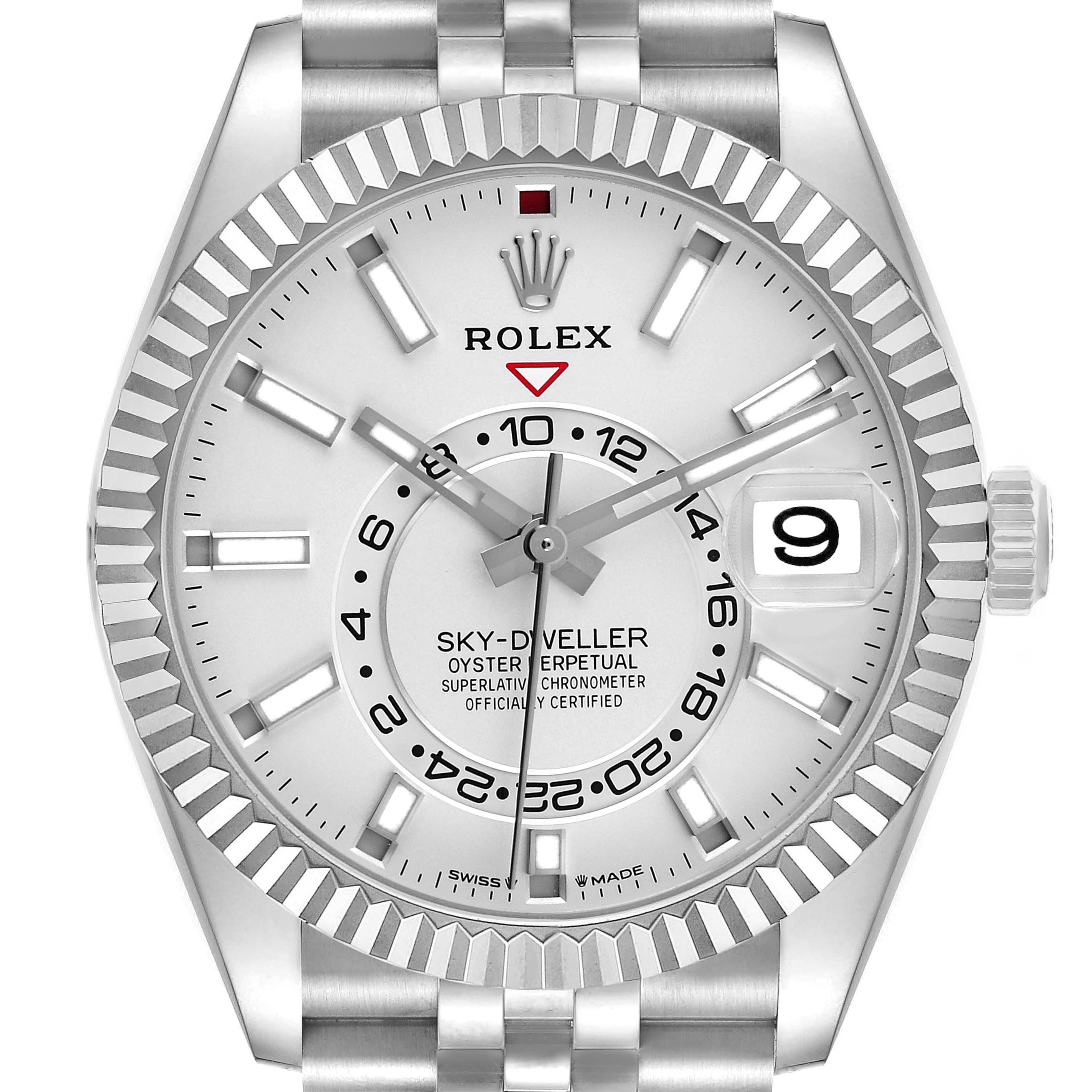 The image shows a frontal view of the Rolex Sky-Dweller 336934 Men's Stainless Steel White Dial watch, featuring its bezel, dial, hands, date display, and bracelet.