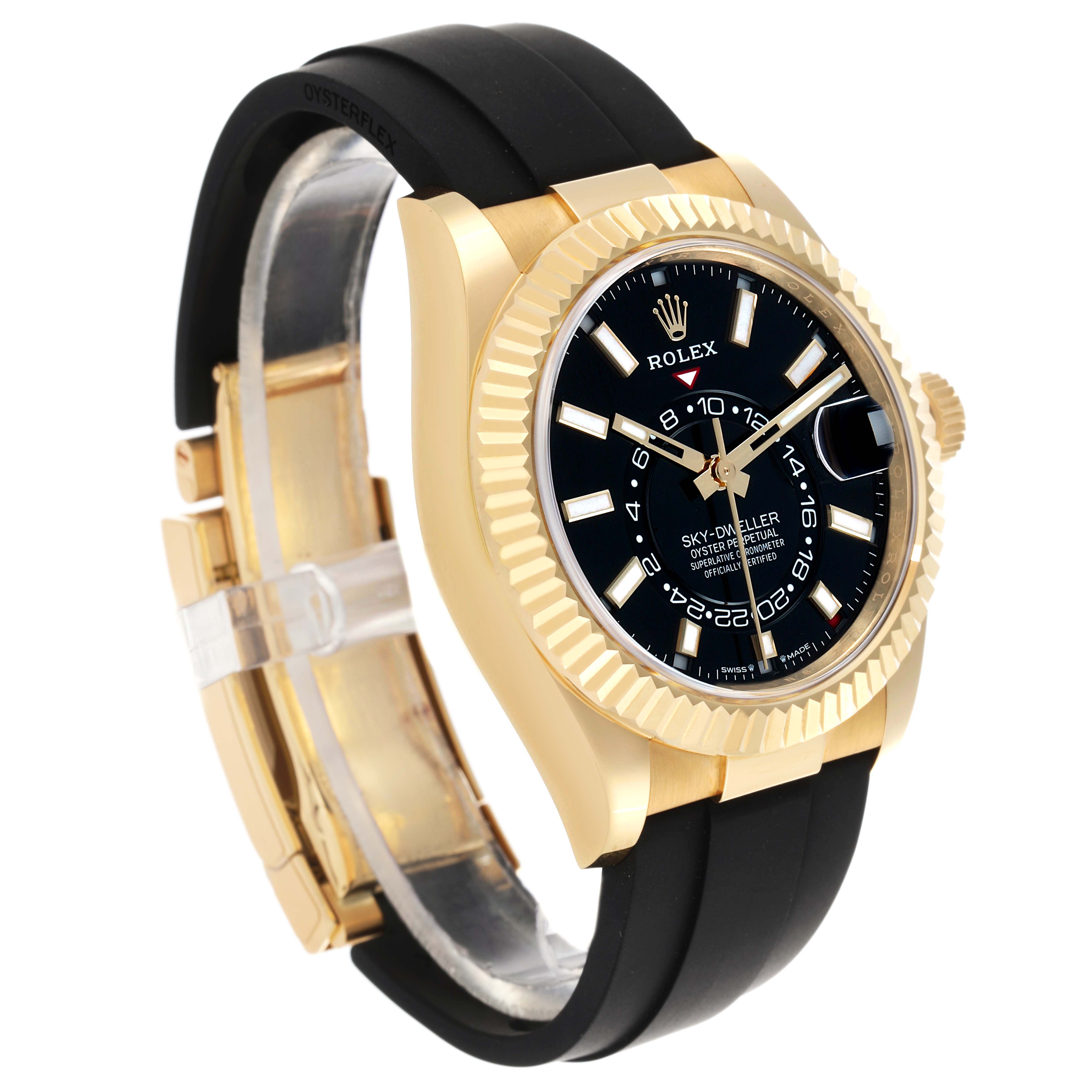 The Rolex Sky-Dweller 336238 Men's Yellow Gold Black Dial watch is shown at a three-quarter angle, displaying the bezel, dial, case, and strap.