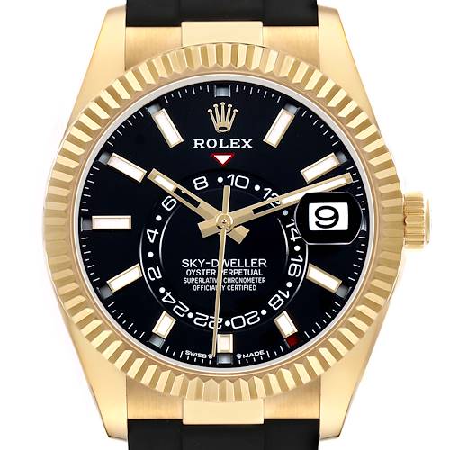 The Rolex Sky-Dweller 336238 Men's Yellow Gold Black Dial watch is shown from a frontal angle, highlighting the dial, bezel, and crown.