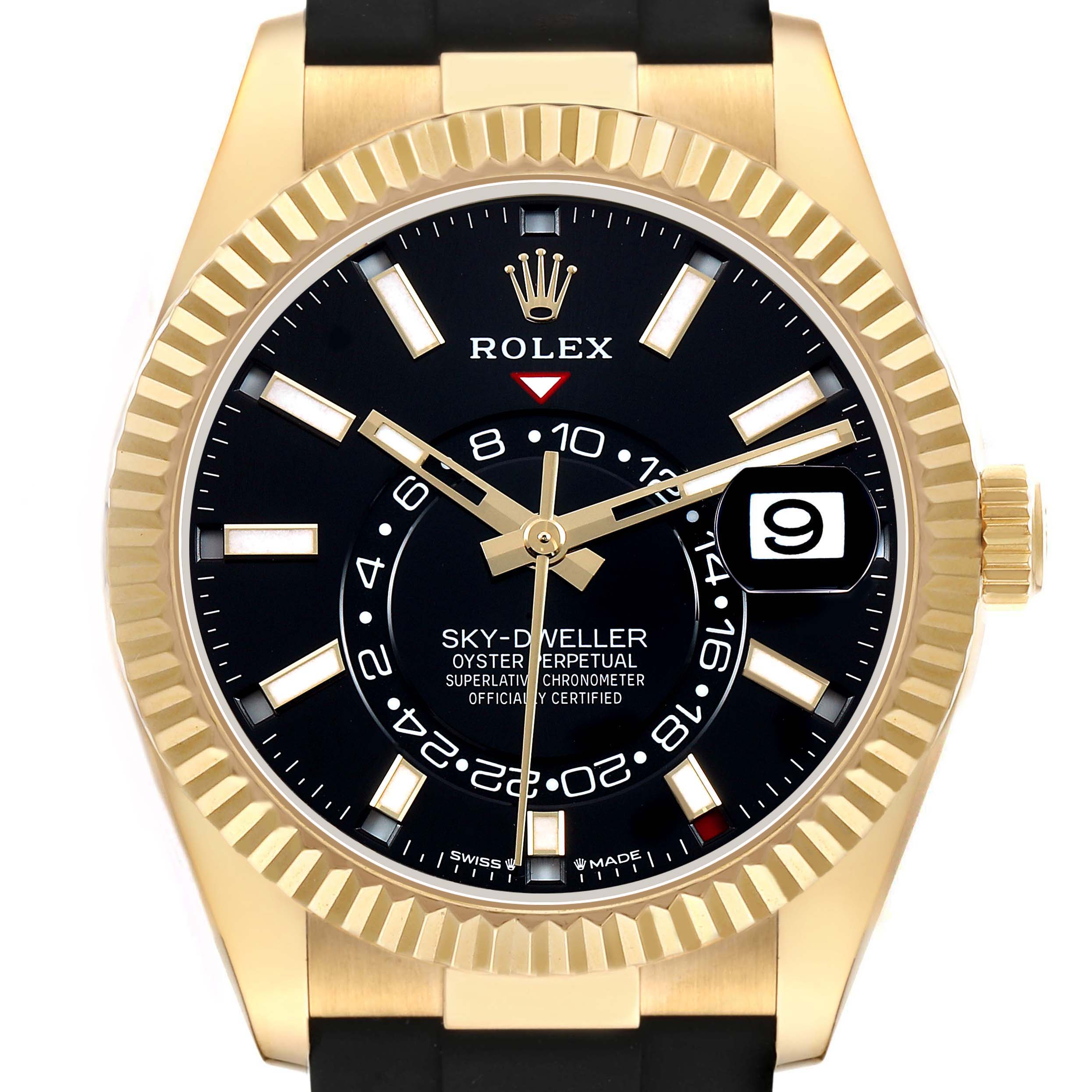 The Rolex Sky-Dweller 336238 Men's Yellow Gold Black Dial watch is shown from a front angle, highlighting the dial, bezel, hands, and bracelet.