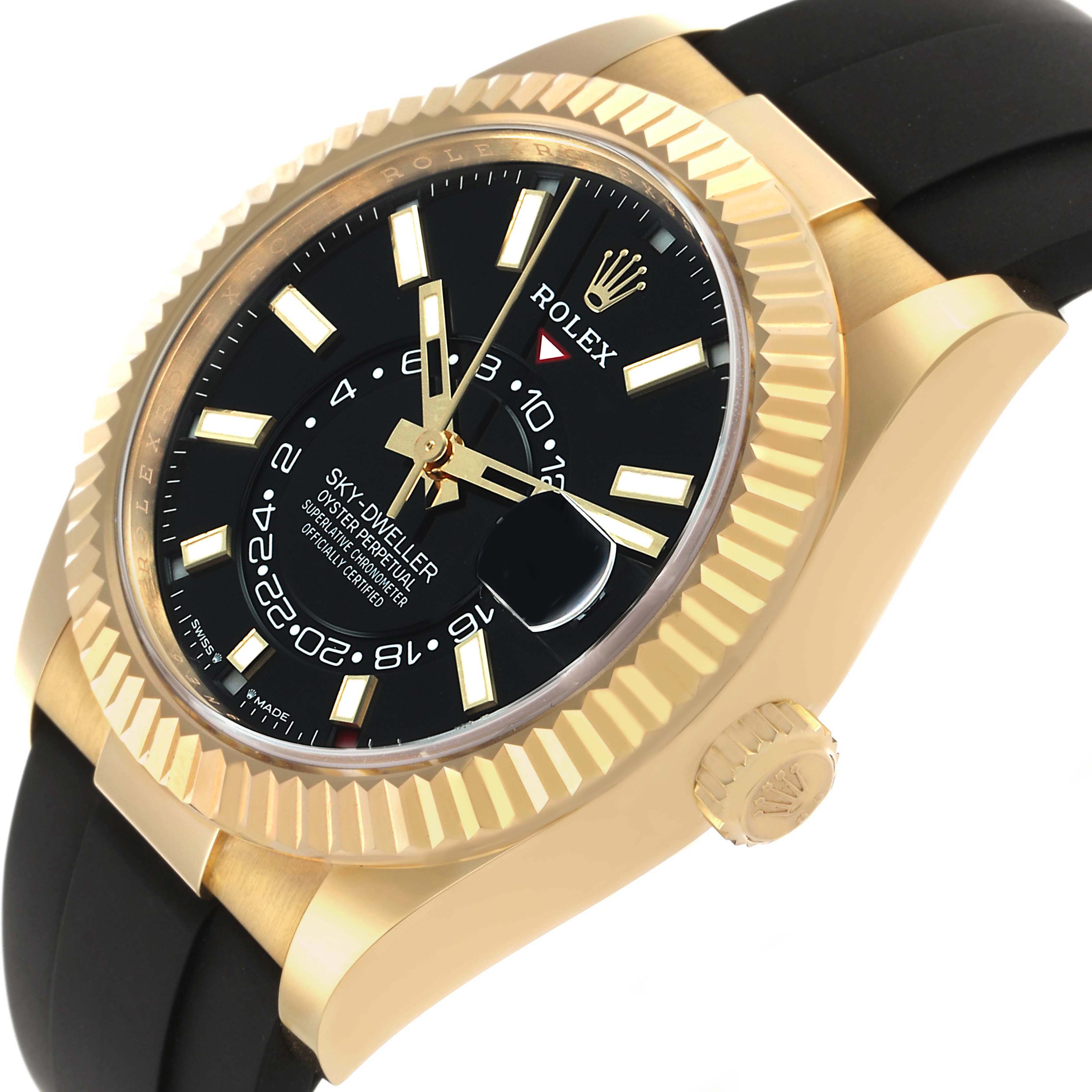 The Rolex Sky-Dweller 336238 Men's Yellow Gold Black Dial watch is shown at an angled side view, highlighting the bezel, dial, crown, and strap.