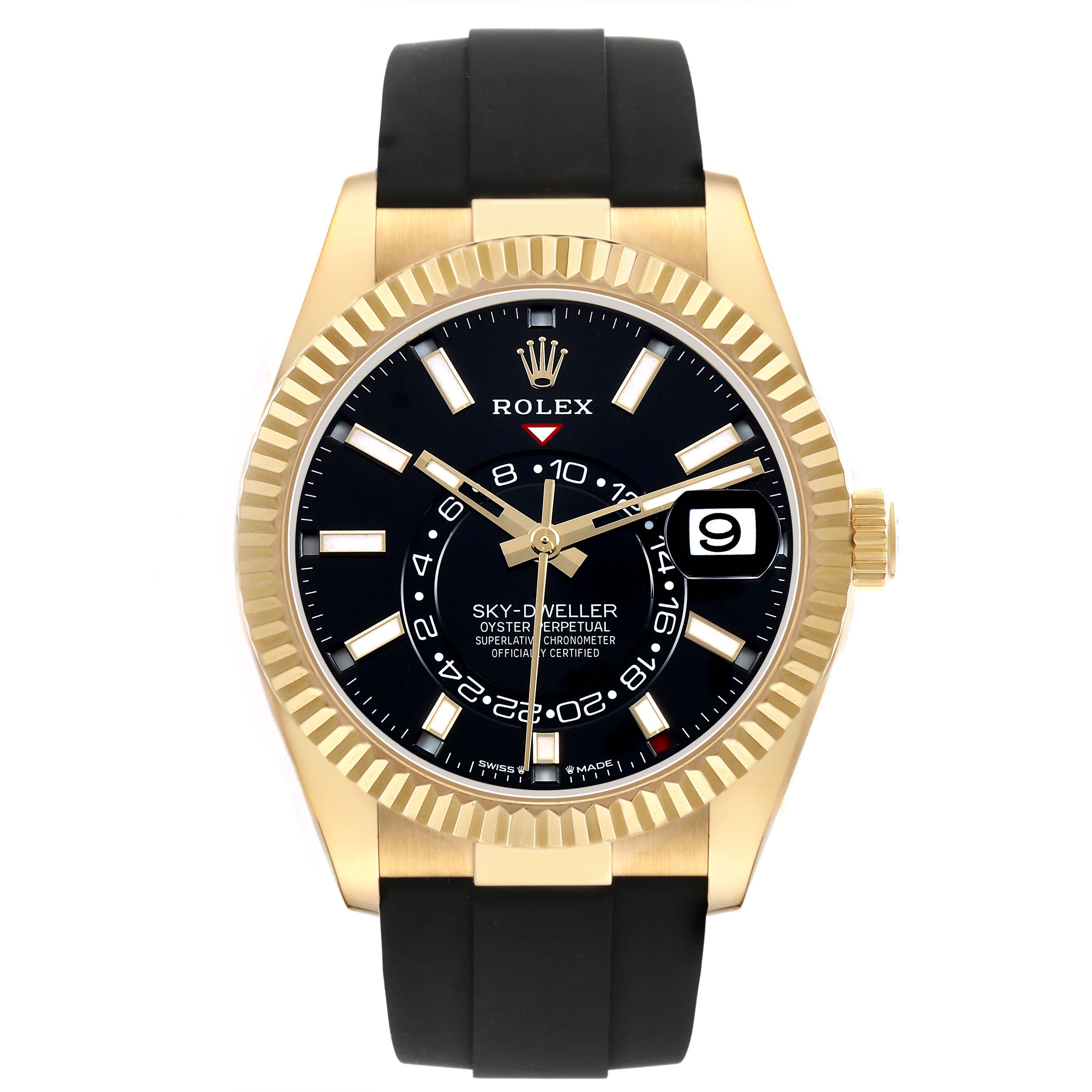 The Rolex Sky-Dweller 336238 Men's Yellow Gold Black Dial watch is shown from the front, displaying the face, hands, date, and black band.