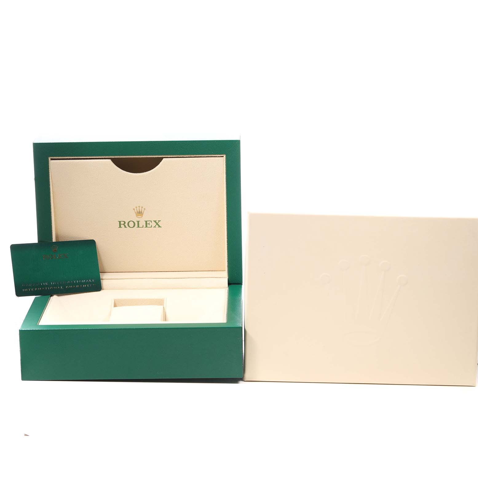 The image shows a Rolex Sky-Dweller 336238 Men's Yellow Gold Black Dial watch box and card at a front angle, with the box open and card placed beside it.
