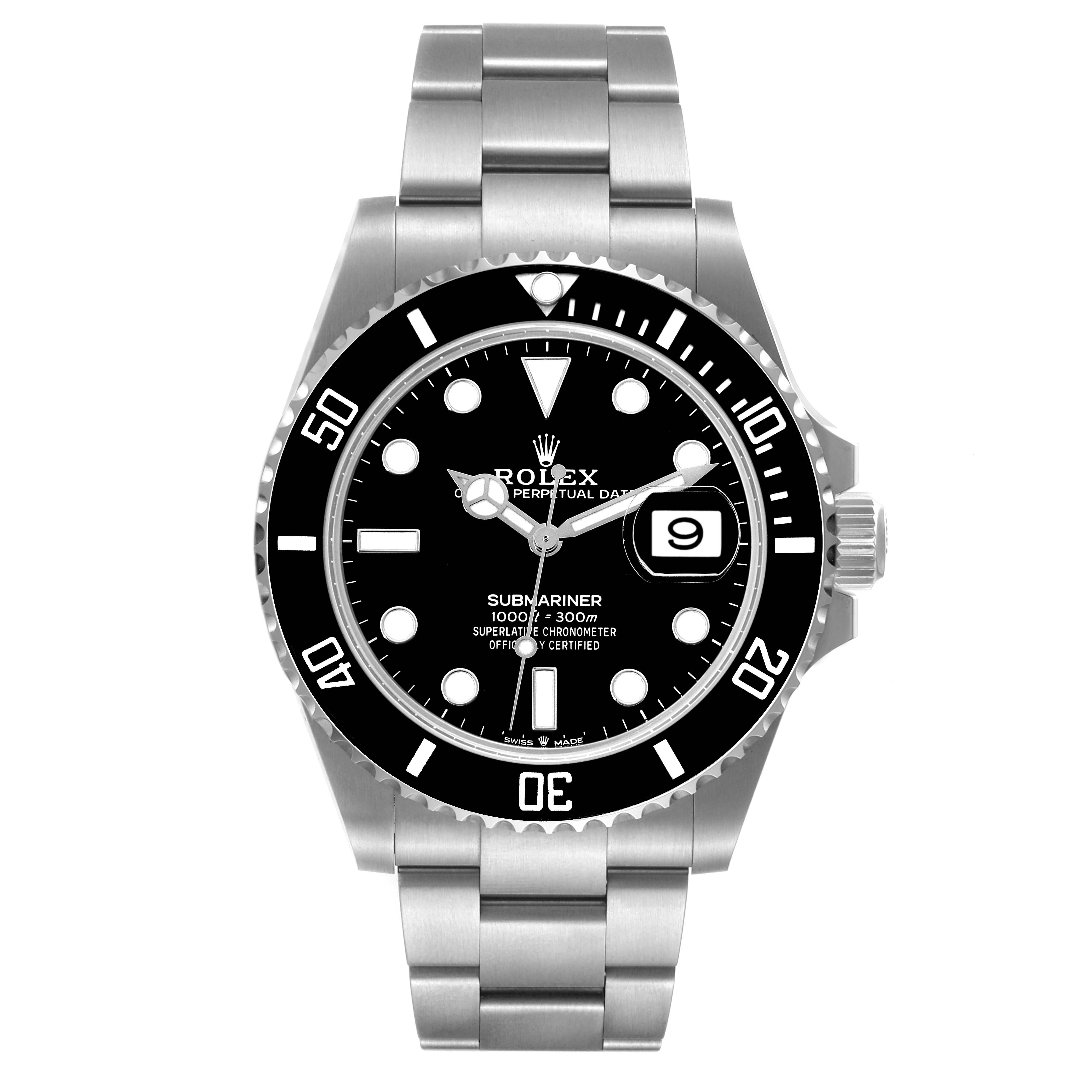 The image shows a front view of the Rolex Submariner 126610 Men
s Stainless Steel Black Dial 126610 Men
s Stainless Steel Black Dial watch, featuring its dial, bezel, and bracelet clearly.