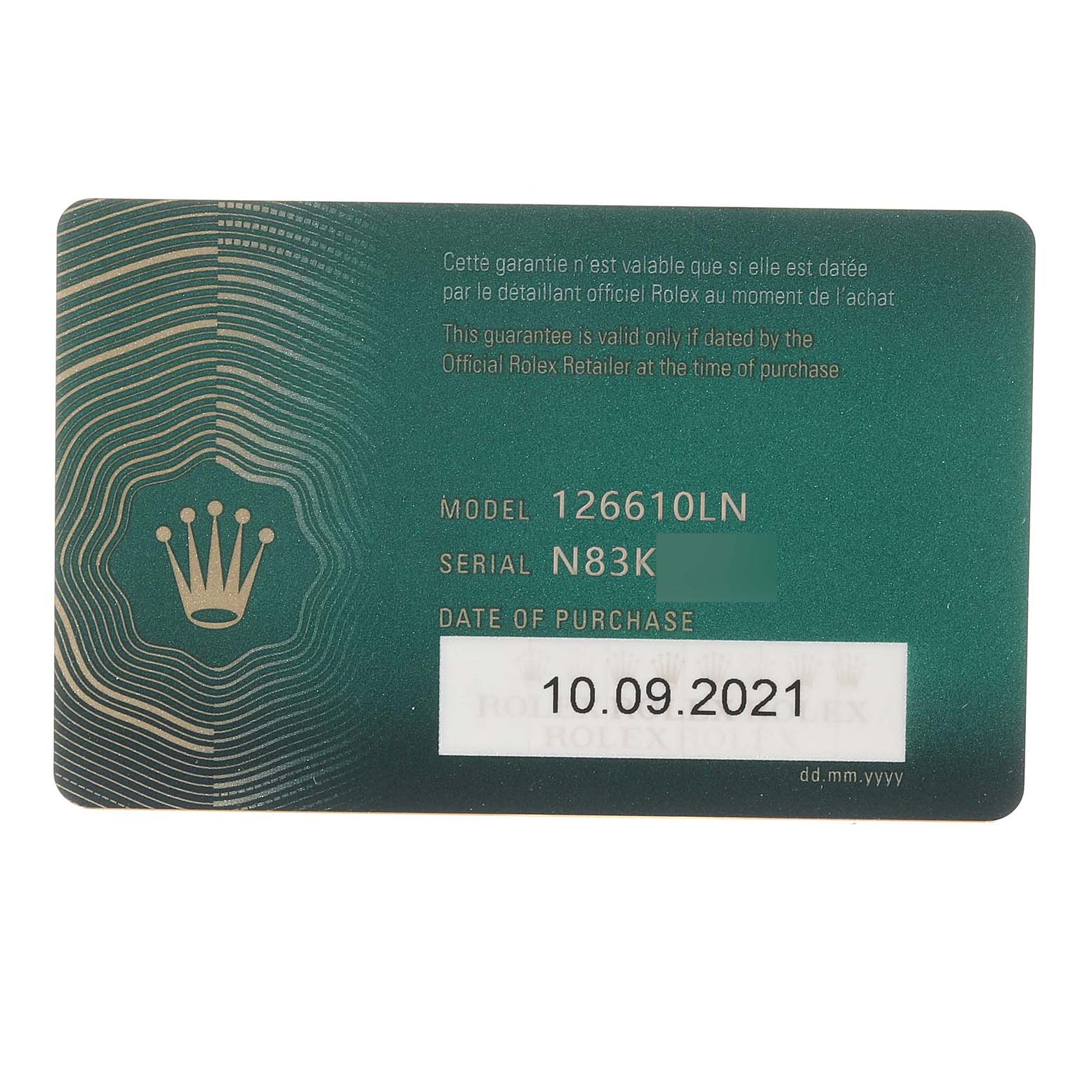 This image shows the guarantee card for a Rolex Submariner 126610 Men
s Stainless Steel Black Dial 126610 Men
s Stainless Steel Black Dial model 126610LN with the date of purchase.