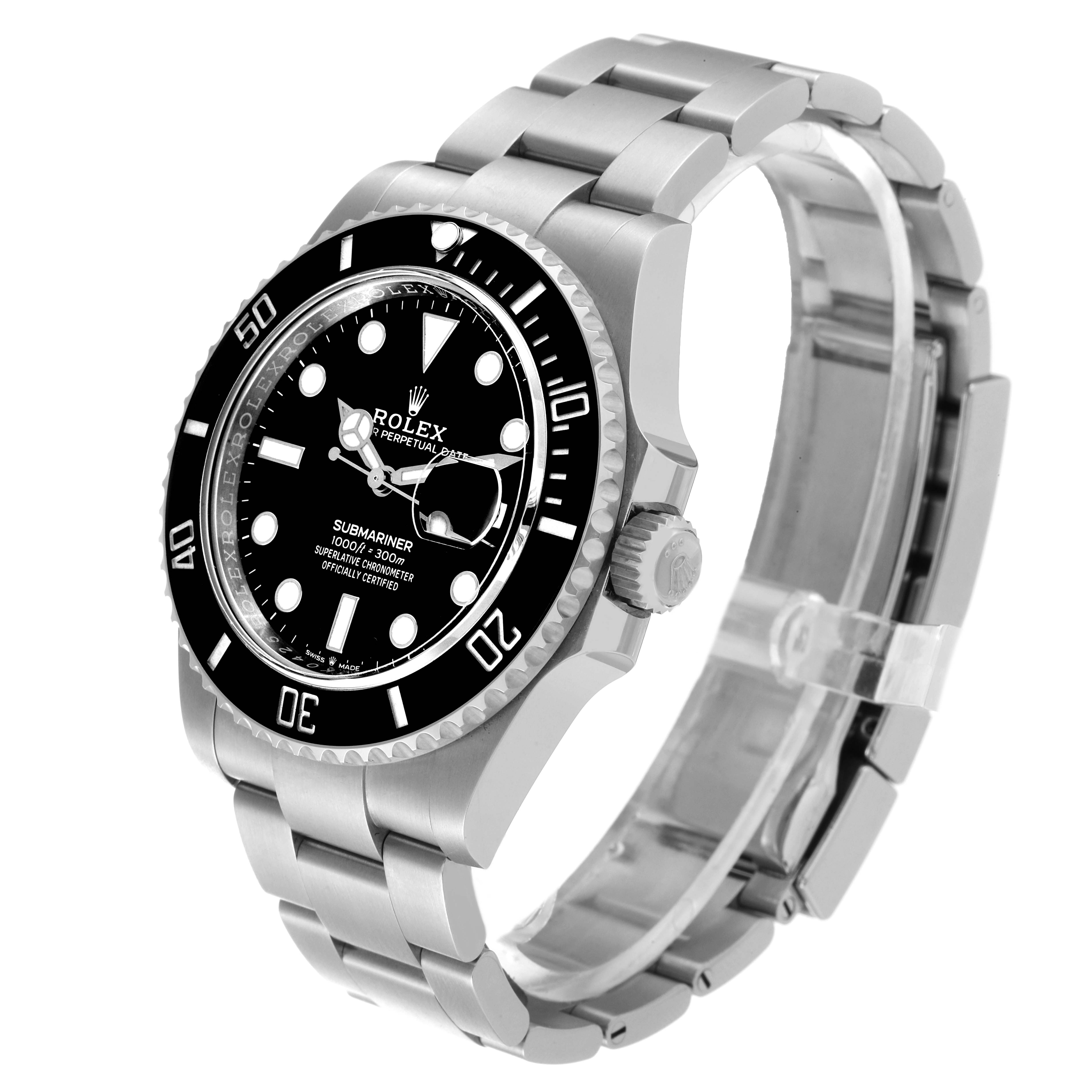 This image shows a Rolex Submariner 126610 Men
s Stainless Steel Black Dial 126610 Men
s Stainless Steel Black Dial watch at an angled side view, highlighting the watch face, bezel, crown, and stainless steel bracelet.