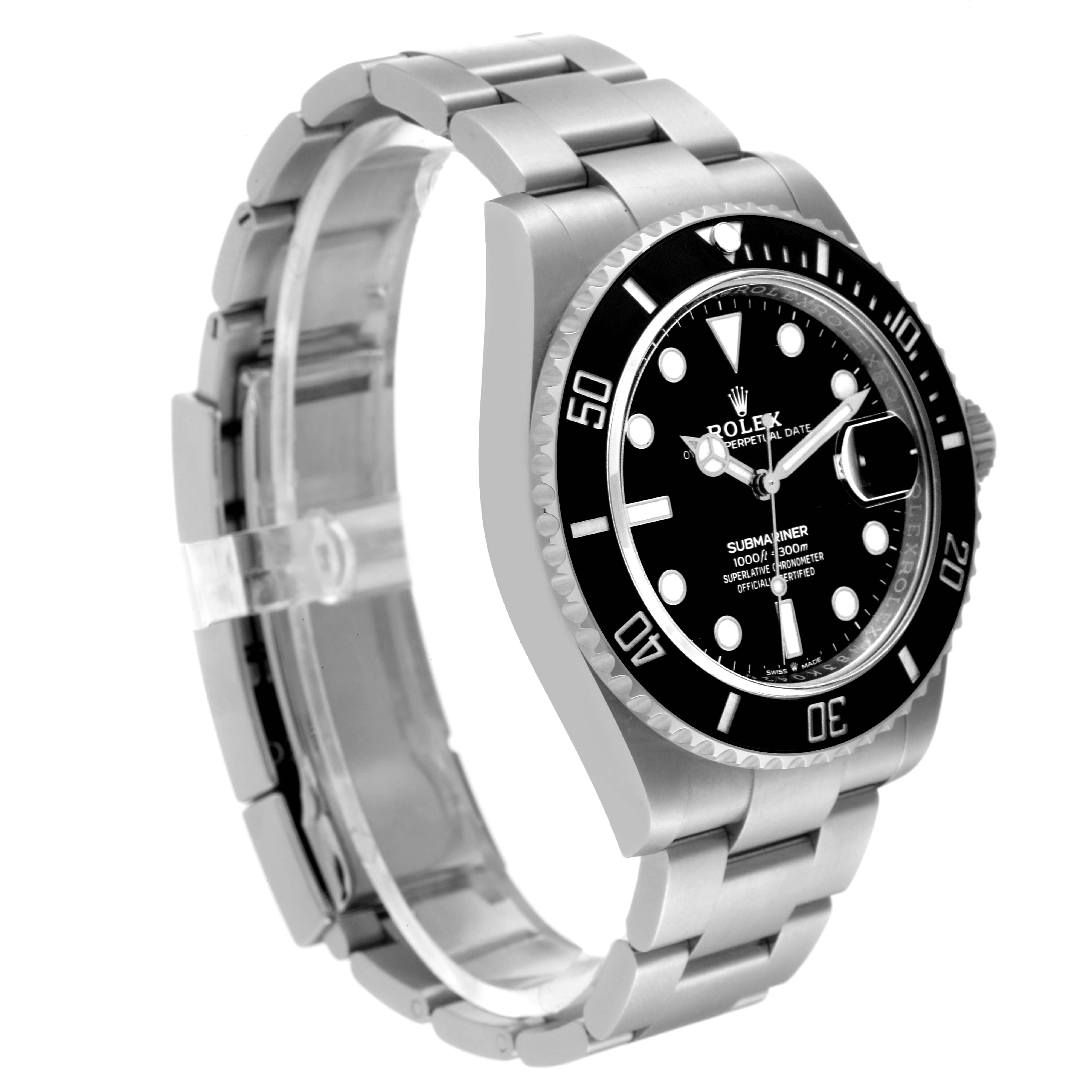 The Rolex Submariner 126610 Men
s Stainless Steel Black Dial 126610 Men
s Stainless Steel Black Dial watch is shown from a left-side angle, displaying its face, bezel, and bracelet.