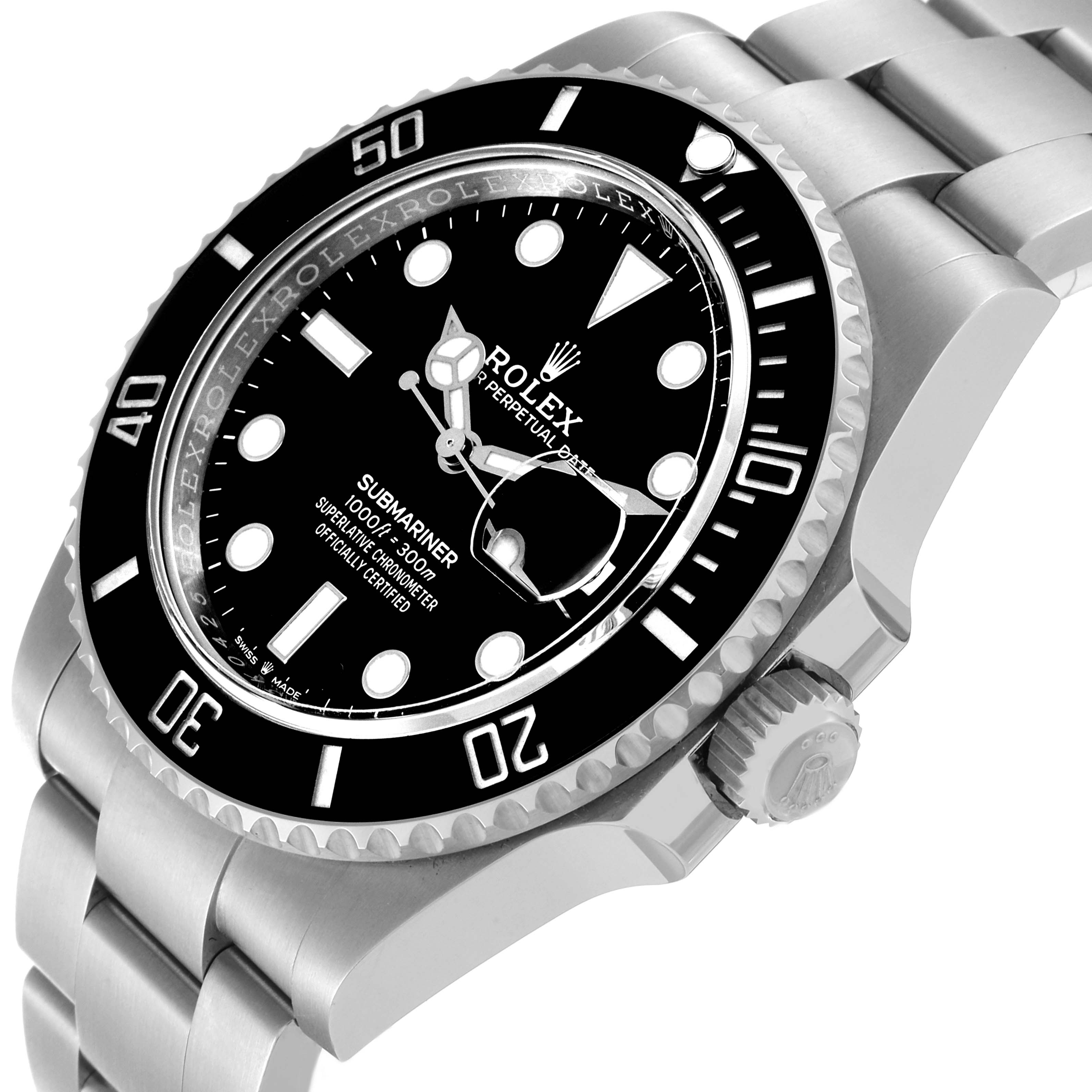 The image shows a close-up angled view of a Rolex Submariner 126610 Men
s Stainless Steel Black Dial 126610 Men
s Stainless Steel Black Dial watch, highlighting the dial, bezel, crown, and part of the bracelet.