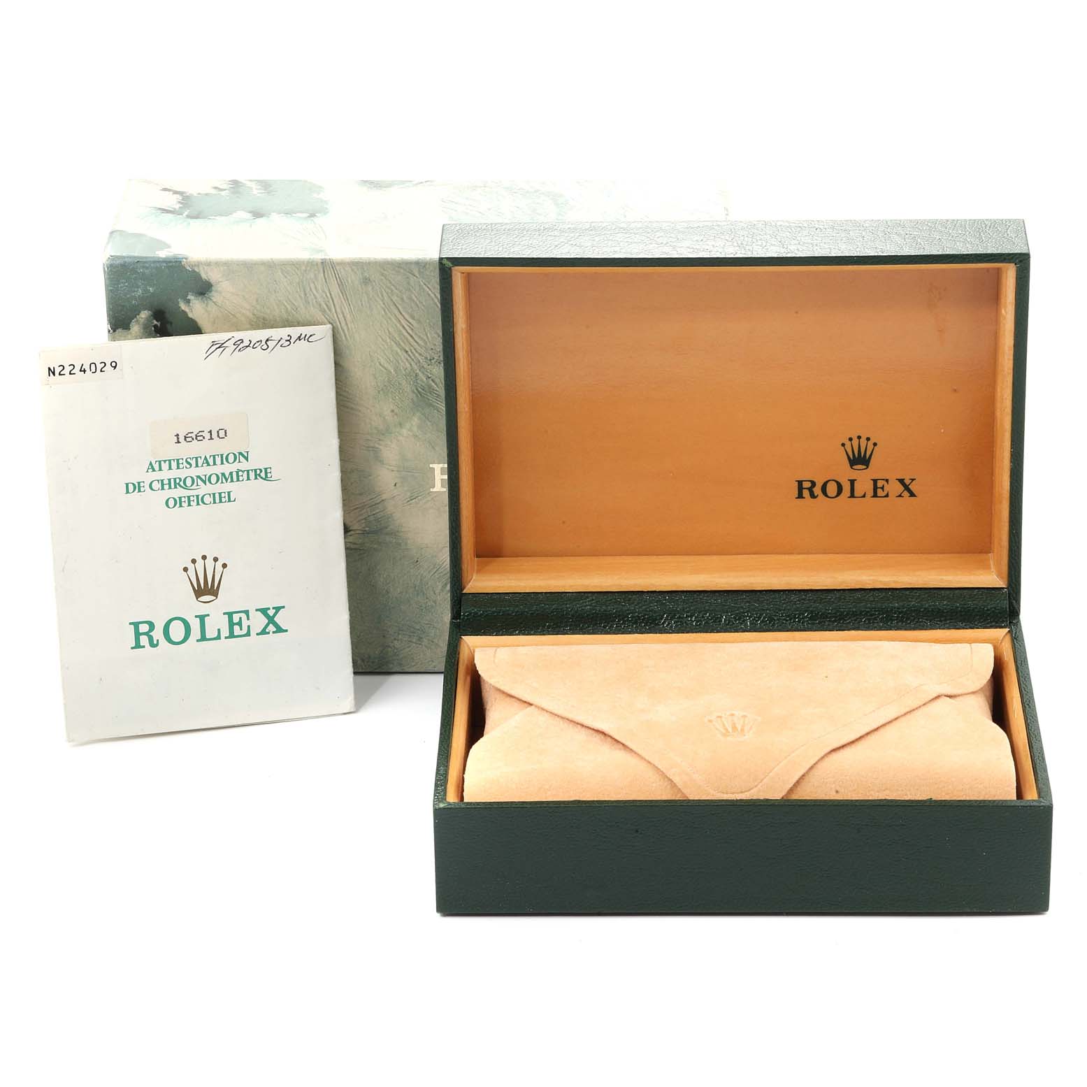 This image shows the box, inner case, and certification document for a Rolex Submariner 16610 Men
s Stainless Steel Black Dial 16610 Men
s Stainless Steel Black Dial watch.
