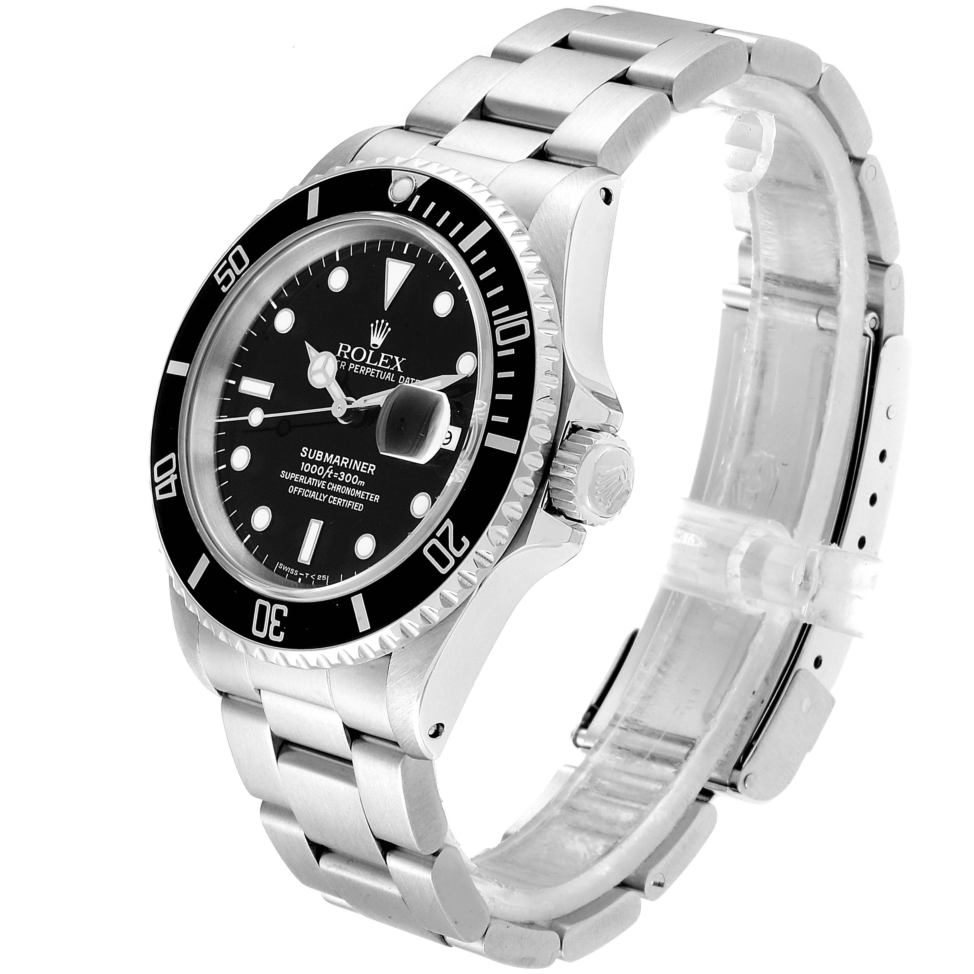 The Rolex Submariner 16610 Men
s Stainless Steel Black Dial 16610 Men
s Stainless Steel Black Dial watch is shown at an angled side view, displaying the face, bezel, crown, and part of the bracelet.