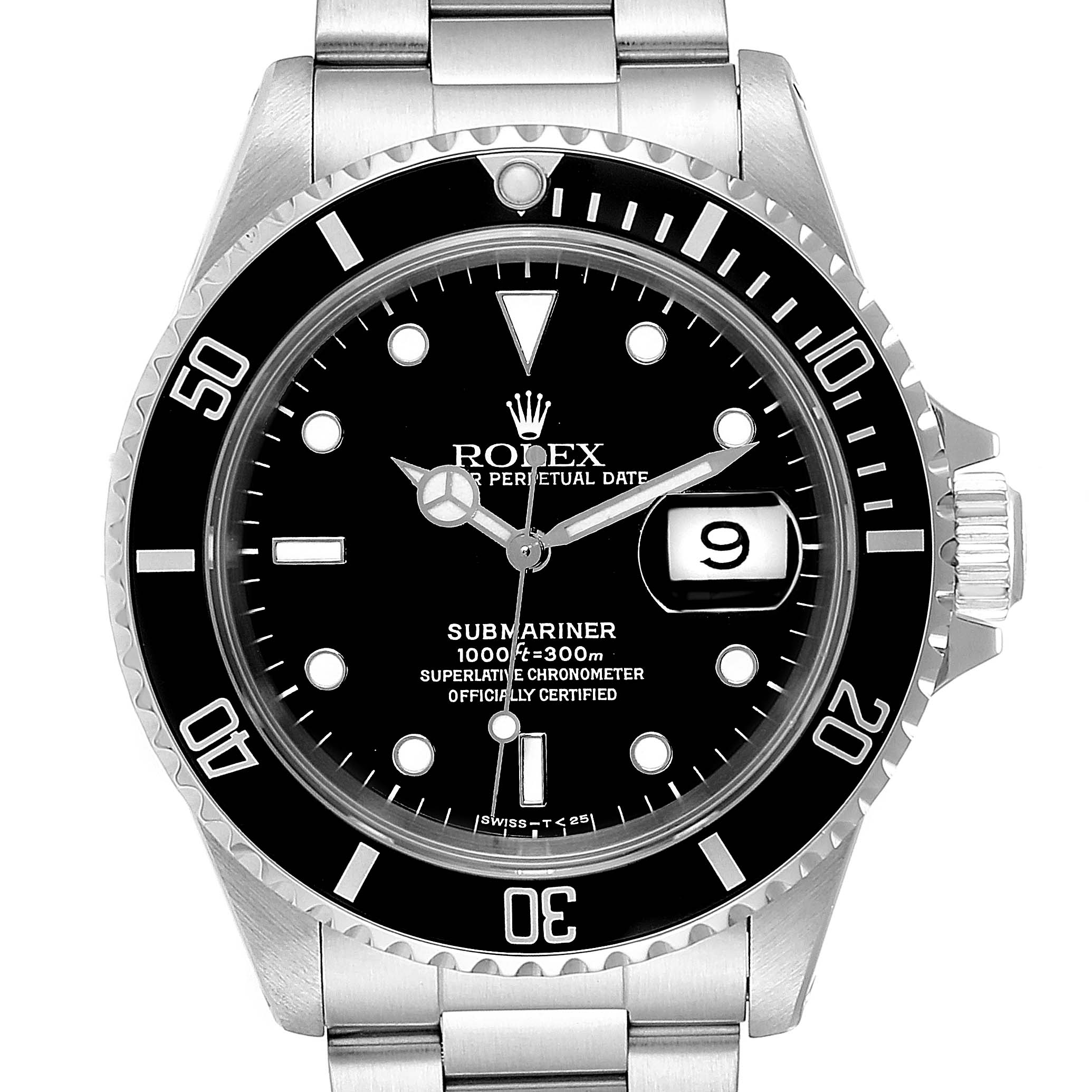 The image shows a Rolex Submariner 16610 Men
s Stainless Steel Black Dial 16610 Men
s Stainless Steel Black Dial watch from a front angle, highlighting the face, bezel, crown, and part of the bracelet.