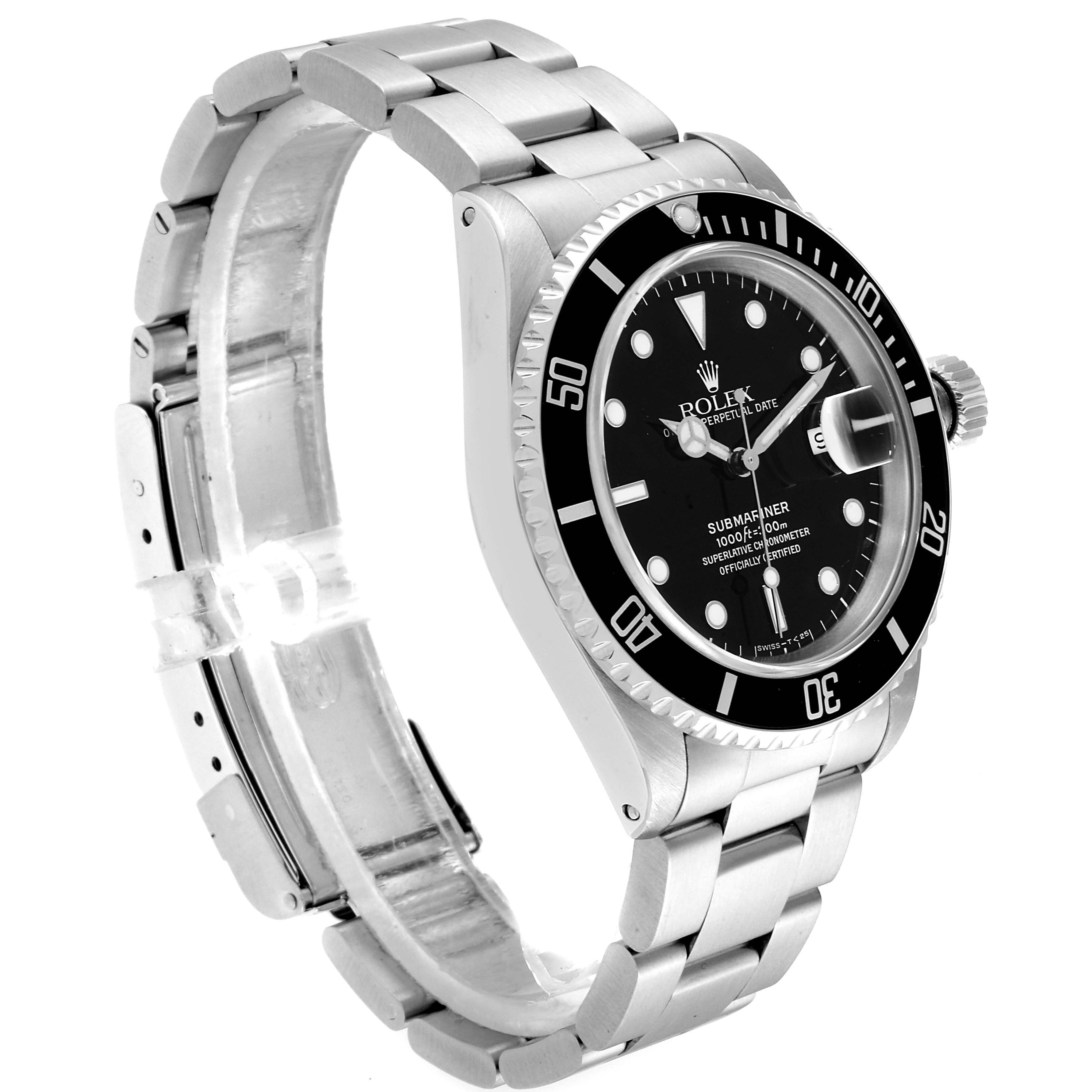 The image shows a side-angle view of the Rolex Submariner 16610 Men
s Stainless Steel Black Dial 16610 Men
s Stainless Steel Black Dial watch, highlighting its bezel, dial, bracelet, and crown.