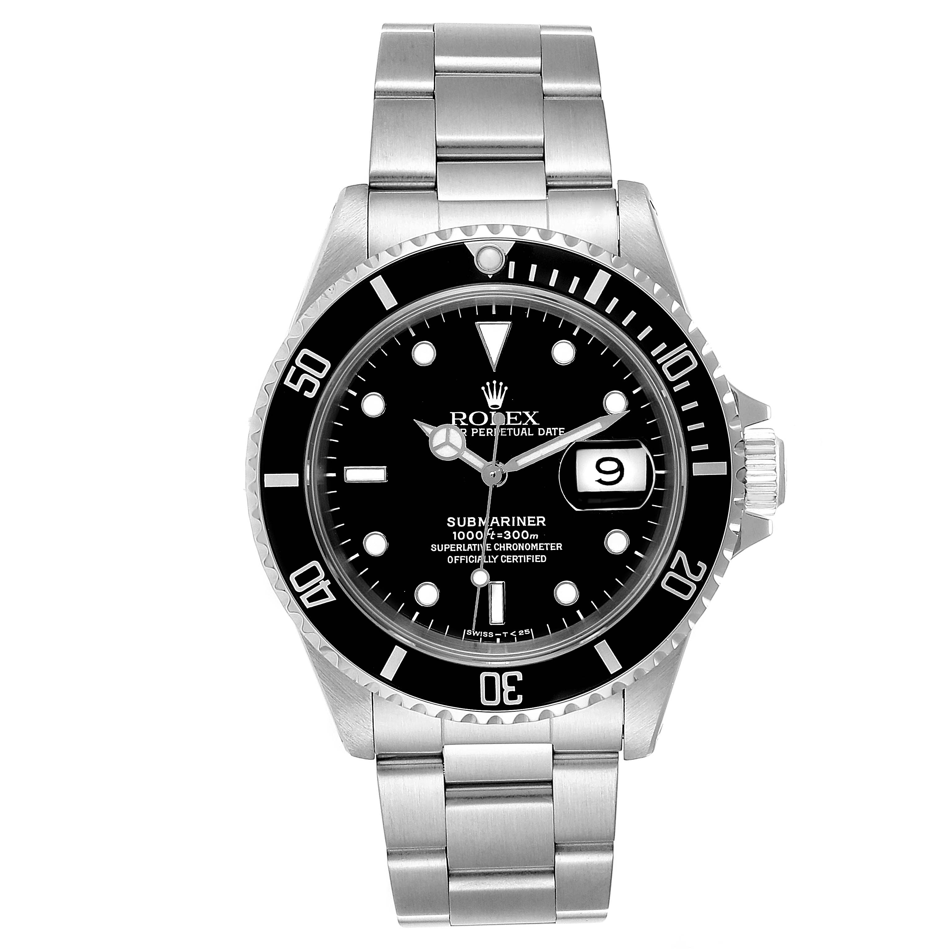 The image shows a front view of the Rolex Submariner 16610 Men
s Stainless Steel Black Dial 16610 Men
s Stainless Steel Black Dial watch, featuring its dial, bezel, and bracelet.