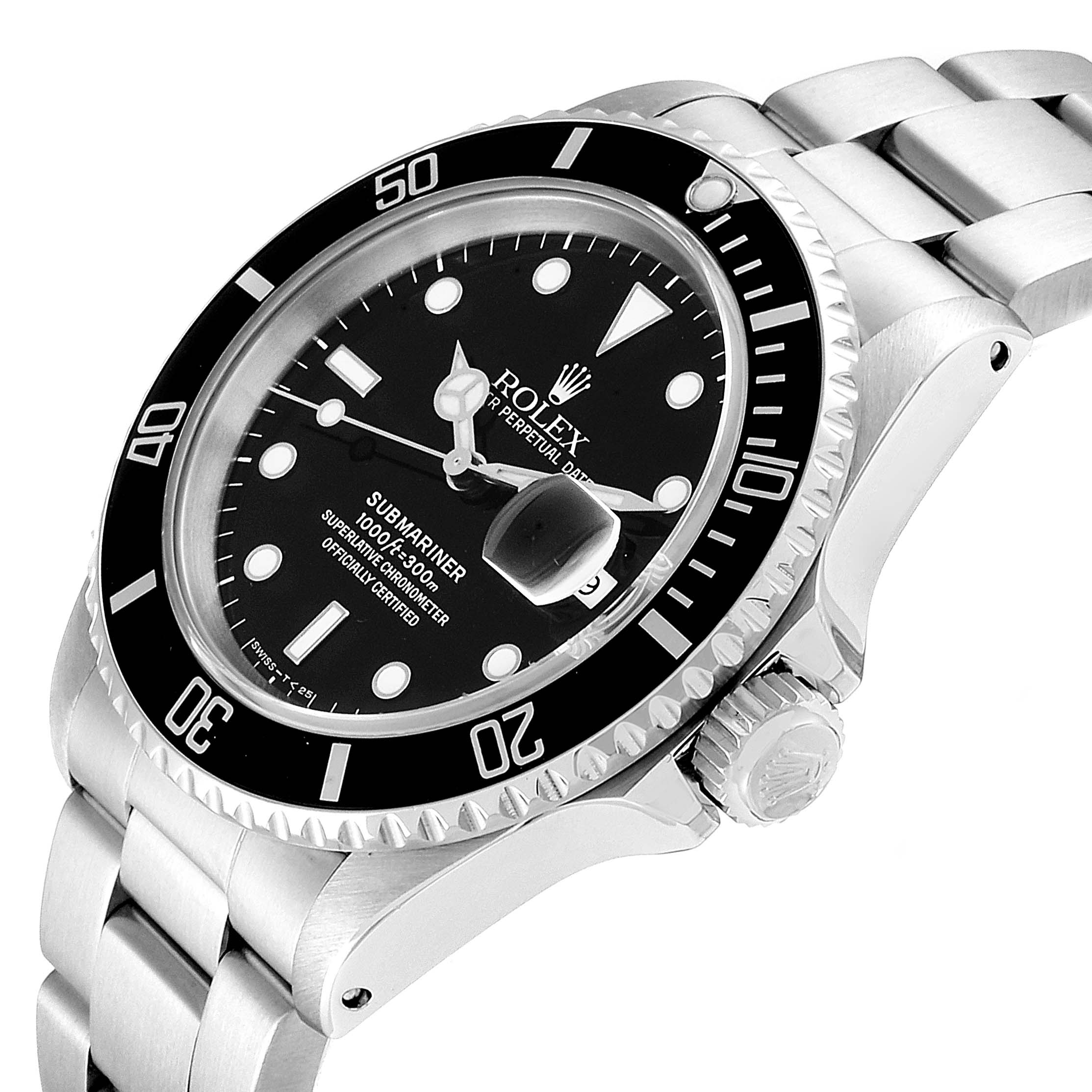 This image shows a close-up angle of the Rolex Submariner 16610 Men
s Stainless Steel Black Dial 16610 Men
s Stainless Steel Black Dial, highlighting its bezel, dial, date window, and part of the bracelet.