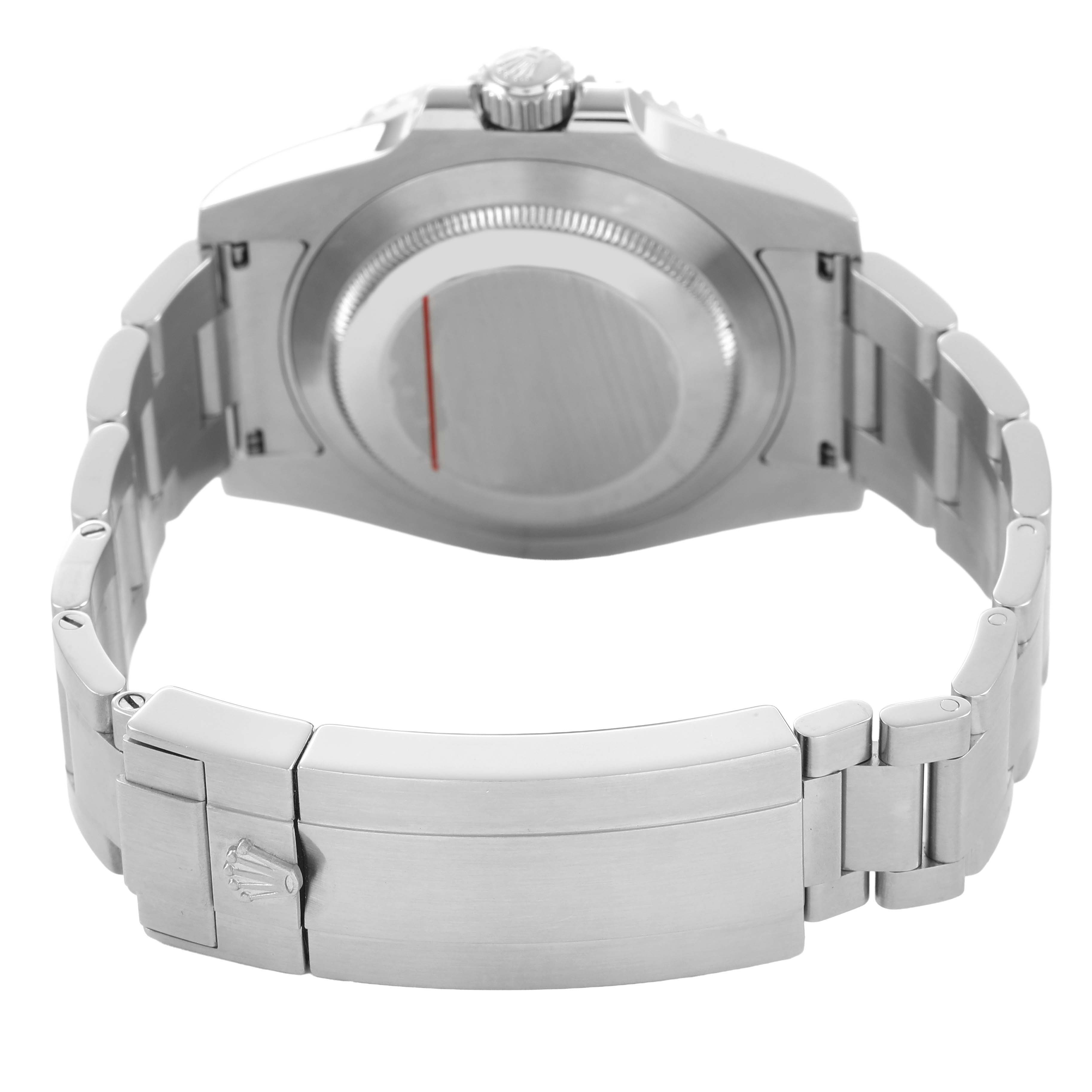 The image shows the back of a Rolex Submariner 116610 Men's Stainless Steel Black Dial watch, highlighting the case back, crown, and bracelet clasp.