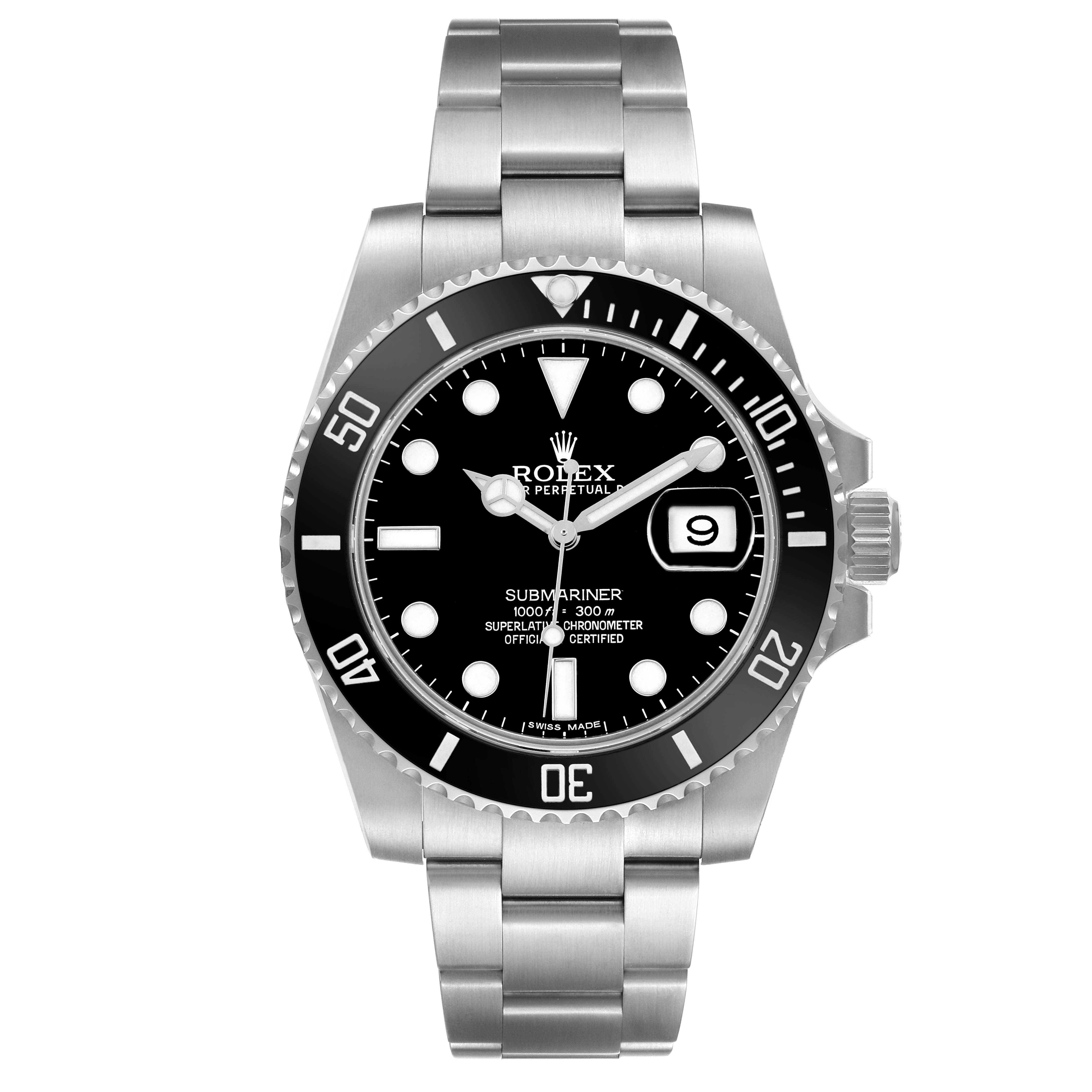 The Rolex Submariner 116610 Men's Stainless Steel Black Dial watch is shown from a front angle, displaying the dial, bezel, bracelet, crown, and date window.