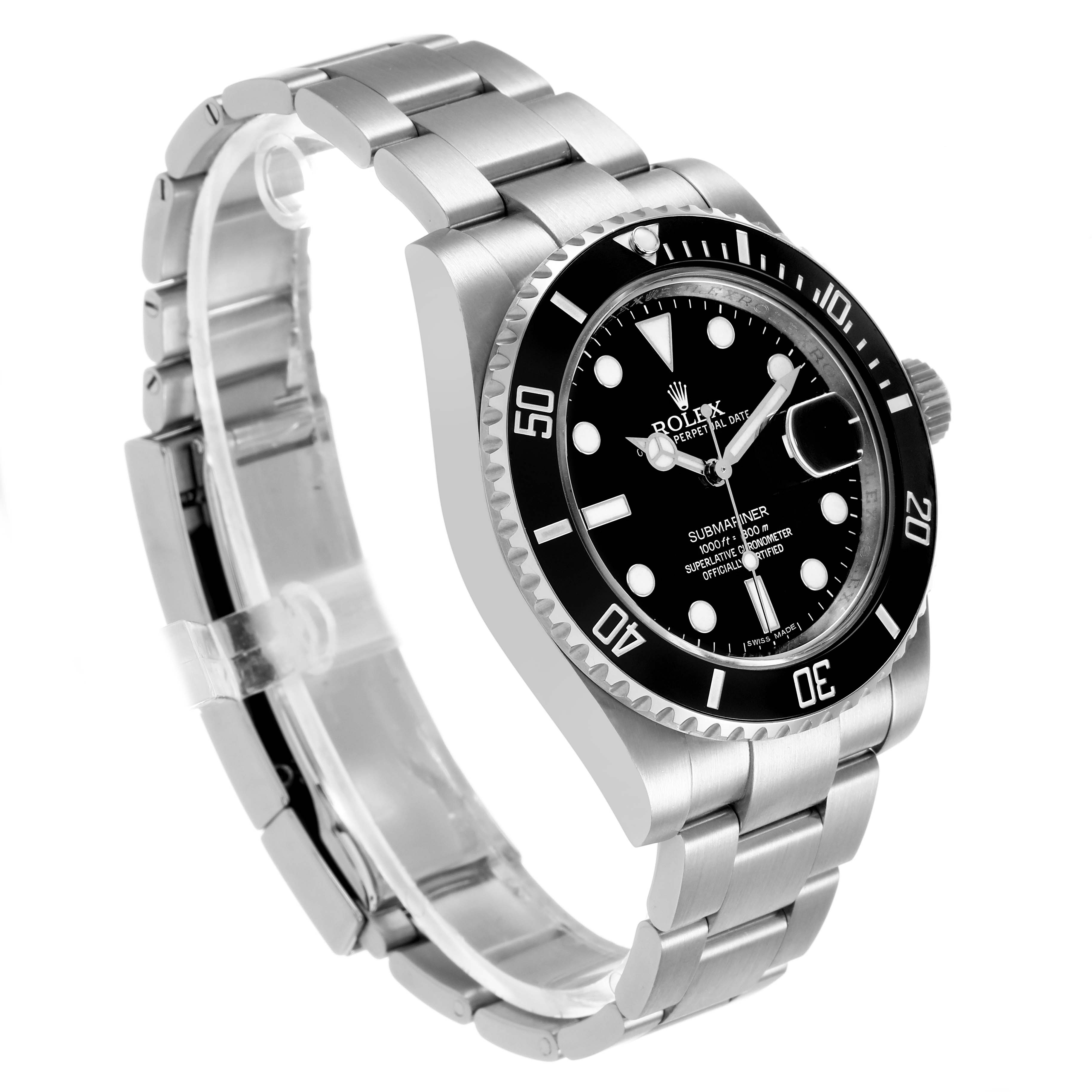 The Rolex Submariner 116610 Men's Stainless Steel Black Dial watch is shown at an angled view, highlighting the face, bezel, crown, and bracelet links.