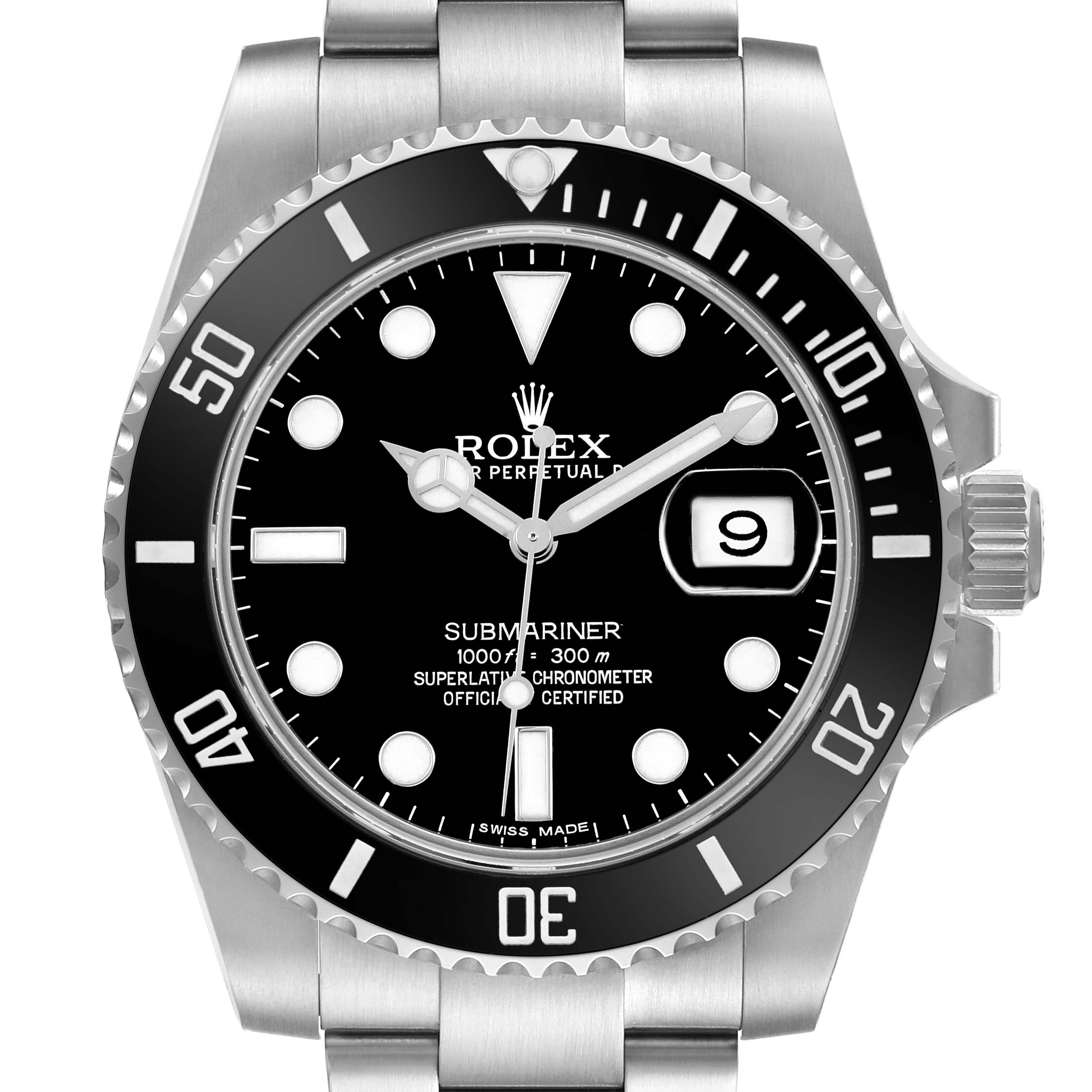 The Rolex Submariner 116610 Men's Stainless Steel Black Dial watch is shown from a front angle, highlighting the dial, bezel, case, and part of the bracelet.