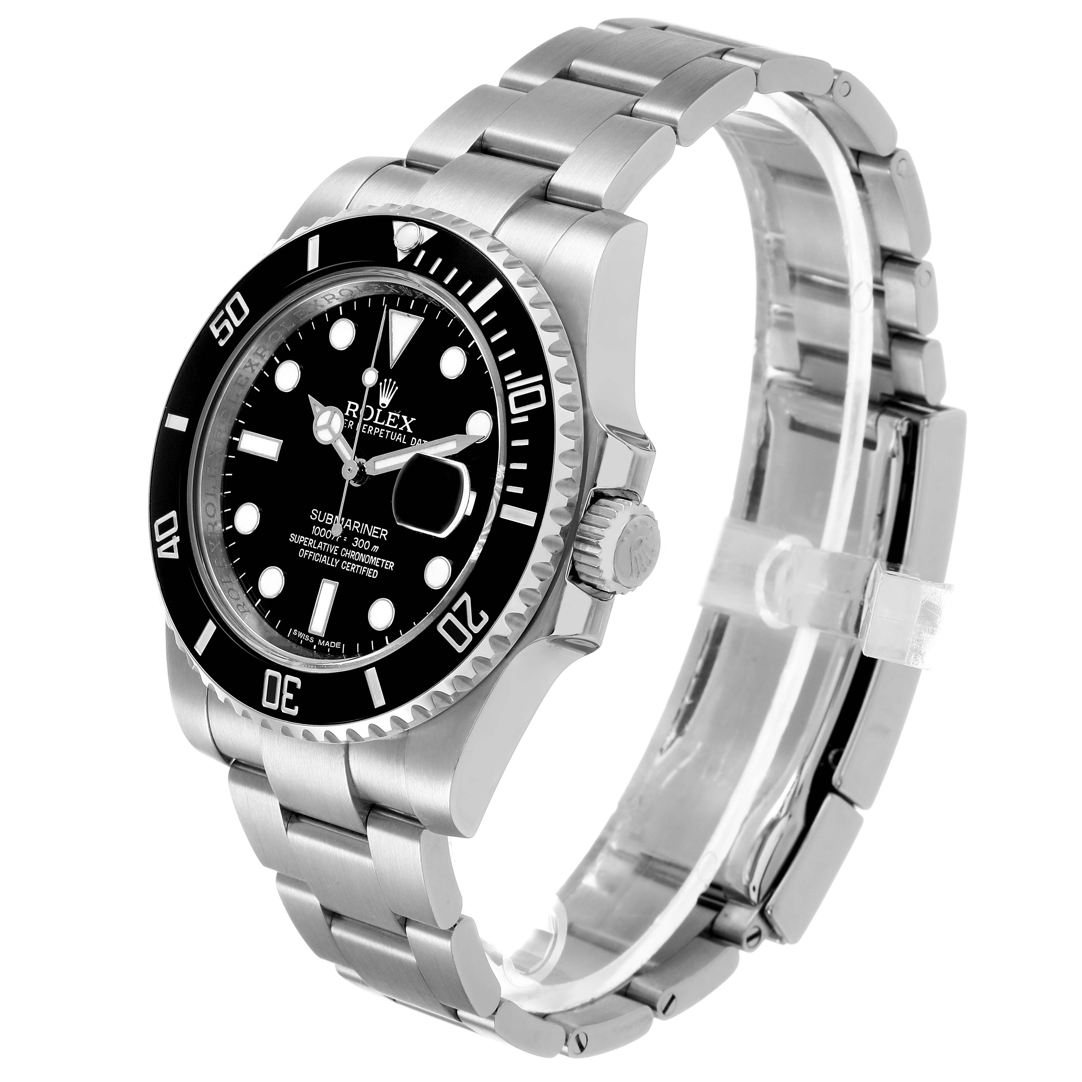 The Rolex Submariner 116610 Men's Stainless Steel Black Dial watch is shown at a three-quarter angle highlighting its face, bezel, and bracelet.
