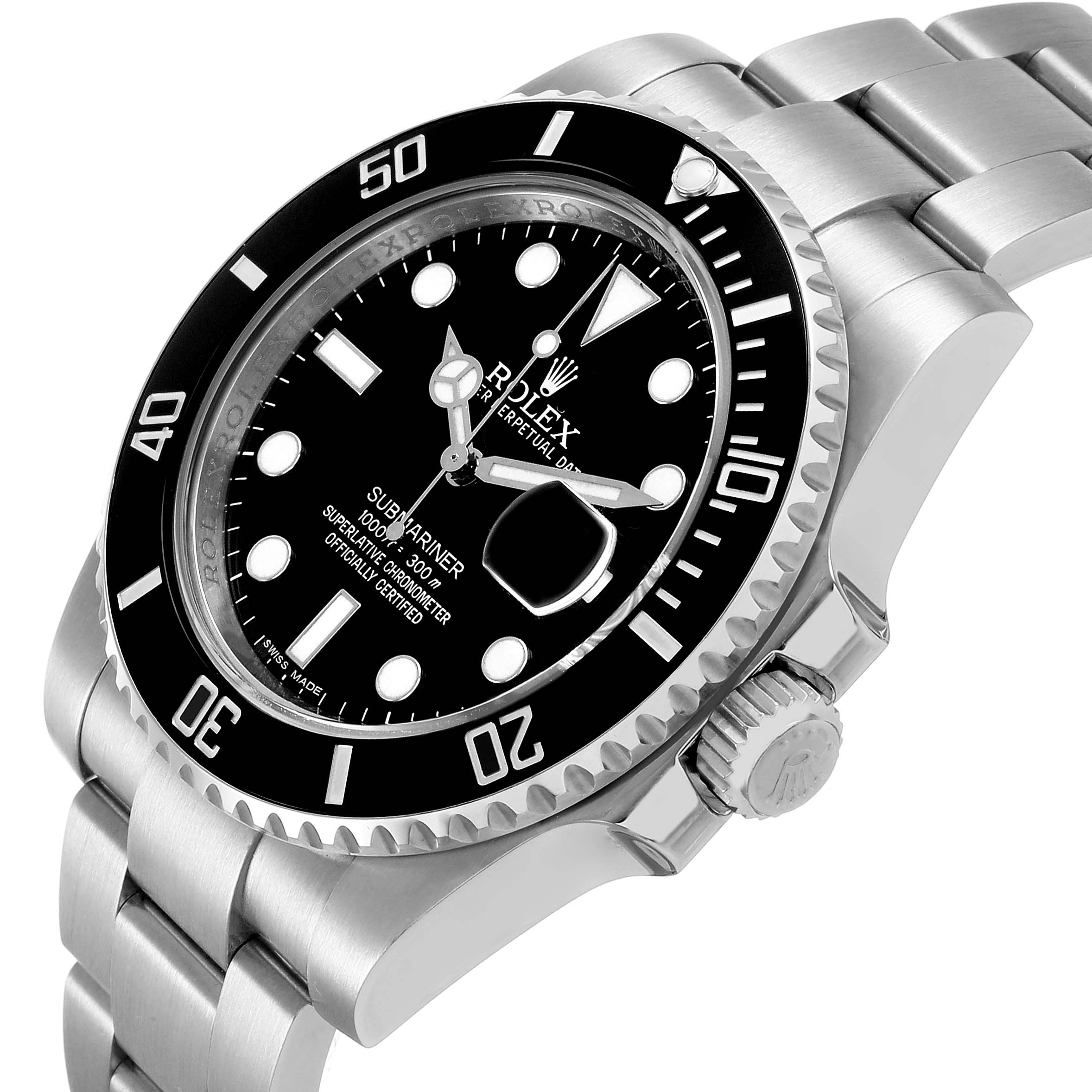 The Rolex Submariner 116610 Men's Stainless Steel Black Dial watch is shown at a three-quarter angle, highlighting the bezel, dial, bracelet, and crown.