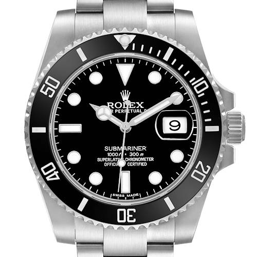 The Rolex Submariner 116610 Men's Stainless Steel Black Dial watch is shown from a front angle, displaying the bezel, dial, hands, date window, and part of the bracelet.
