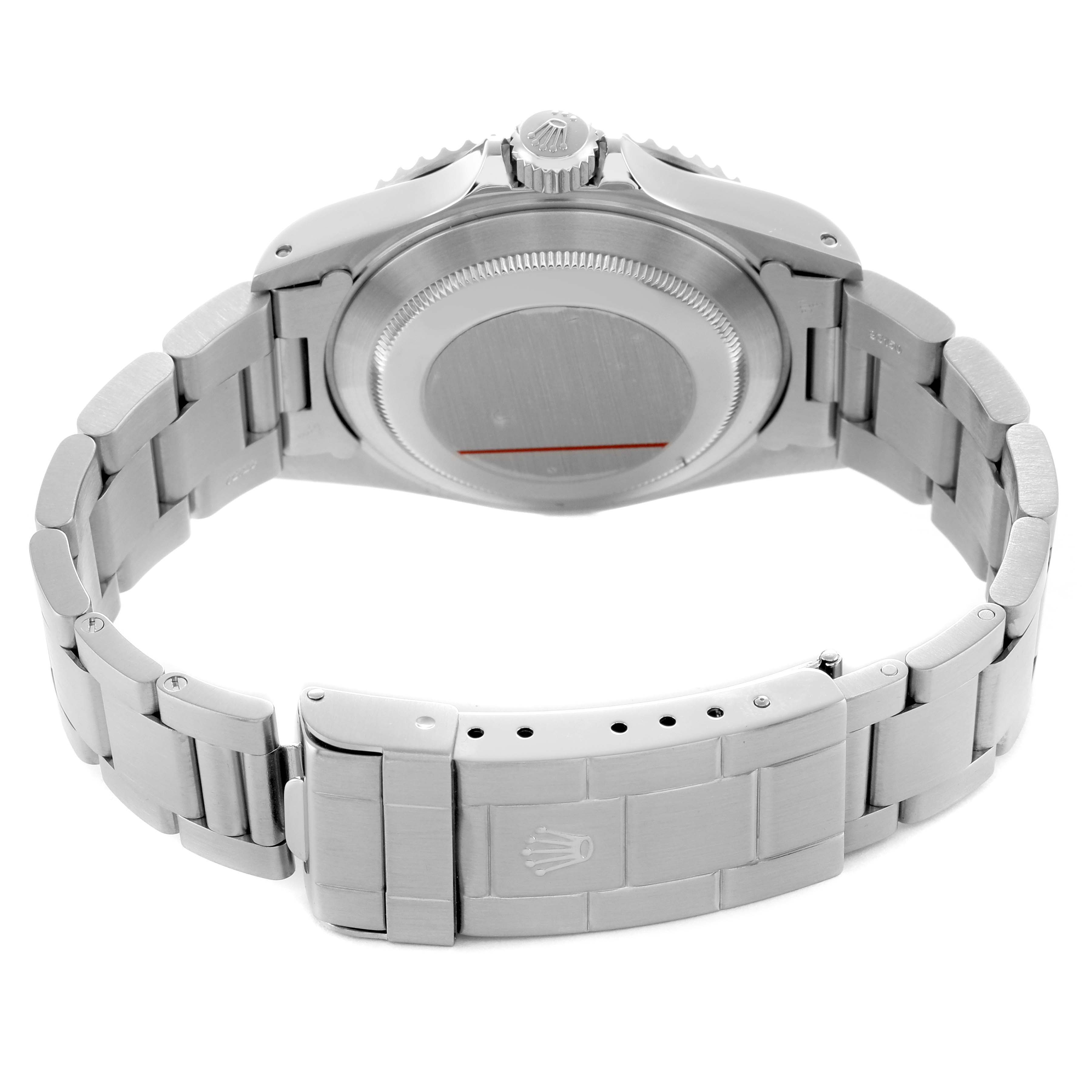 The image shows the back and clasp of a Rolex Submariner 14060 Men's Stainless Steel Black Dial watch, highlighting the bracelet and case back.