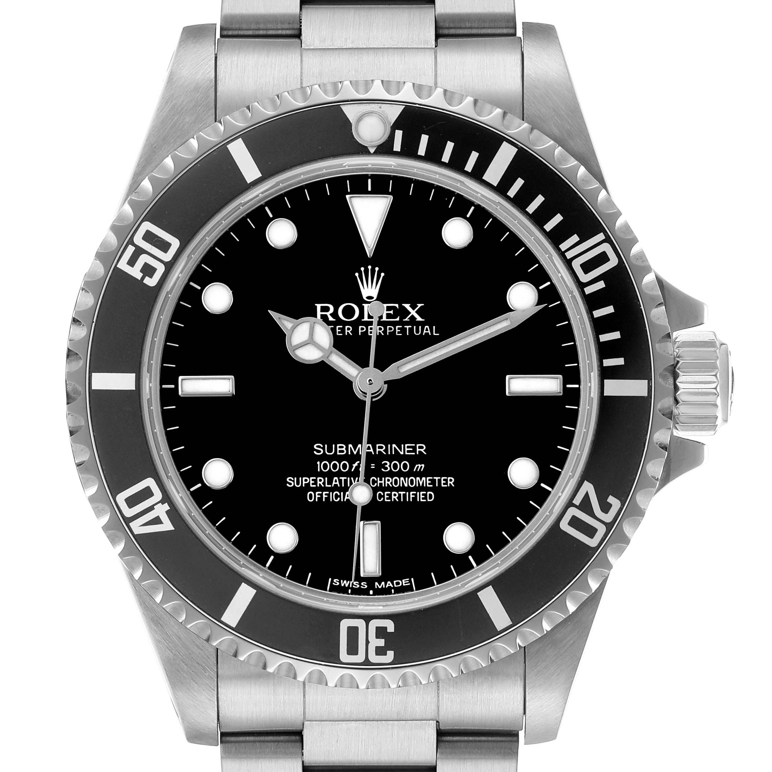 The Rolex Submariner 14060 Men's Stainless Steel Black Dial watch is shown from the front, displaying the dial, bezel, crown, and part of the bracelet.