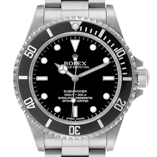 The image shows a front view of the Rolex Submariner 14060 Men's Stainless Steel Black Dial watch, displaying the dial, bezel, hands, and part of the bracelet.