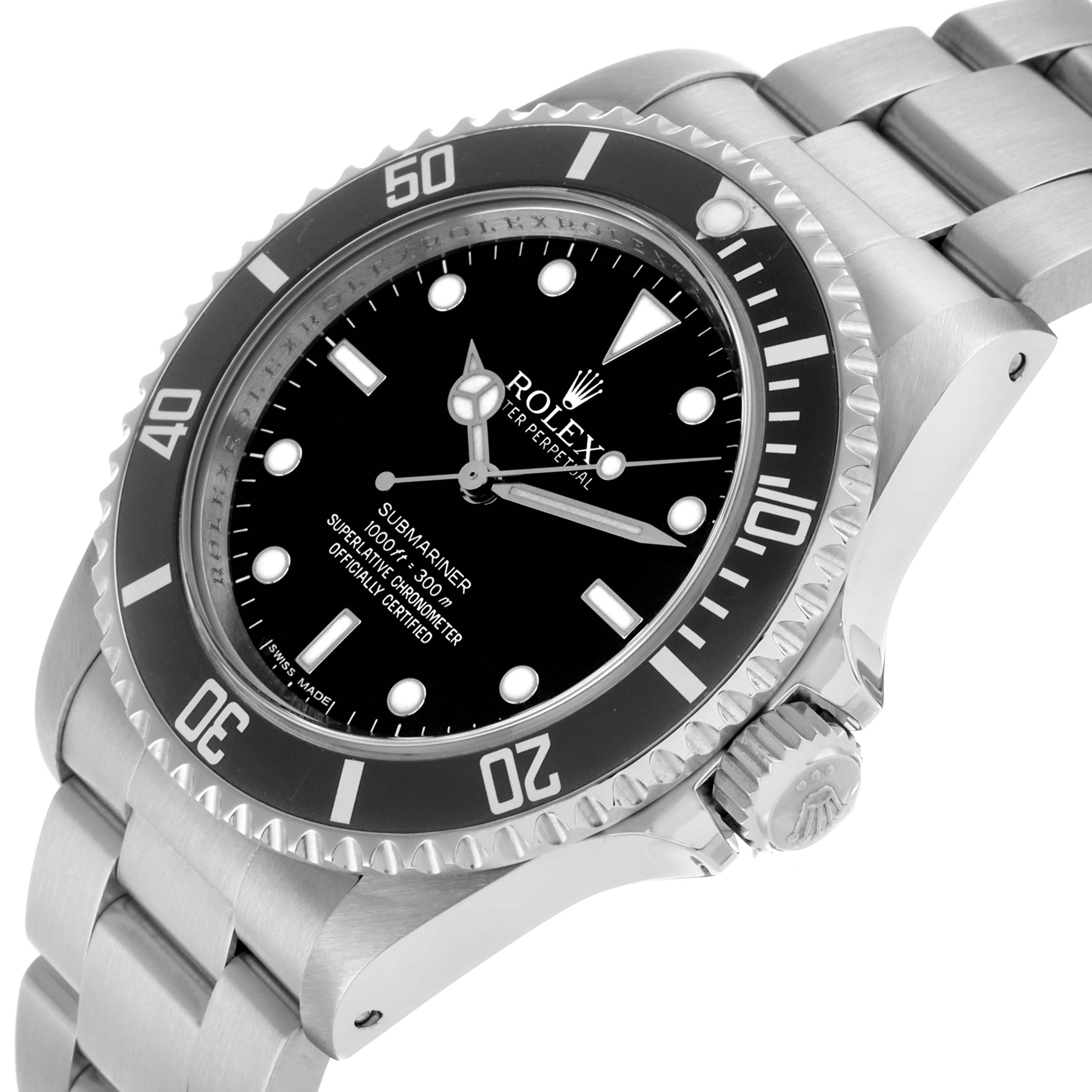 The Rolex Submariner 14060 Men's Stainless Steel Black Dial watch is shown at an angle highlighting the dial, bezel, bracelet, and crown.