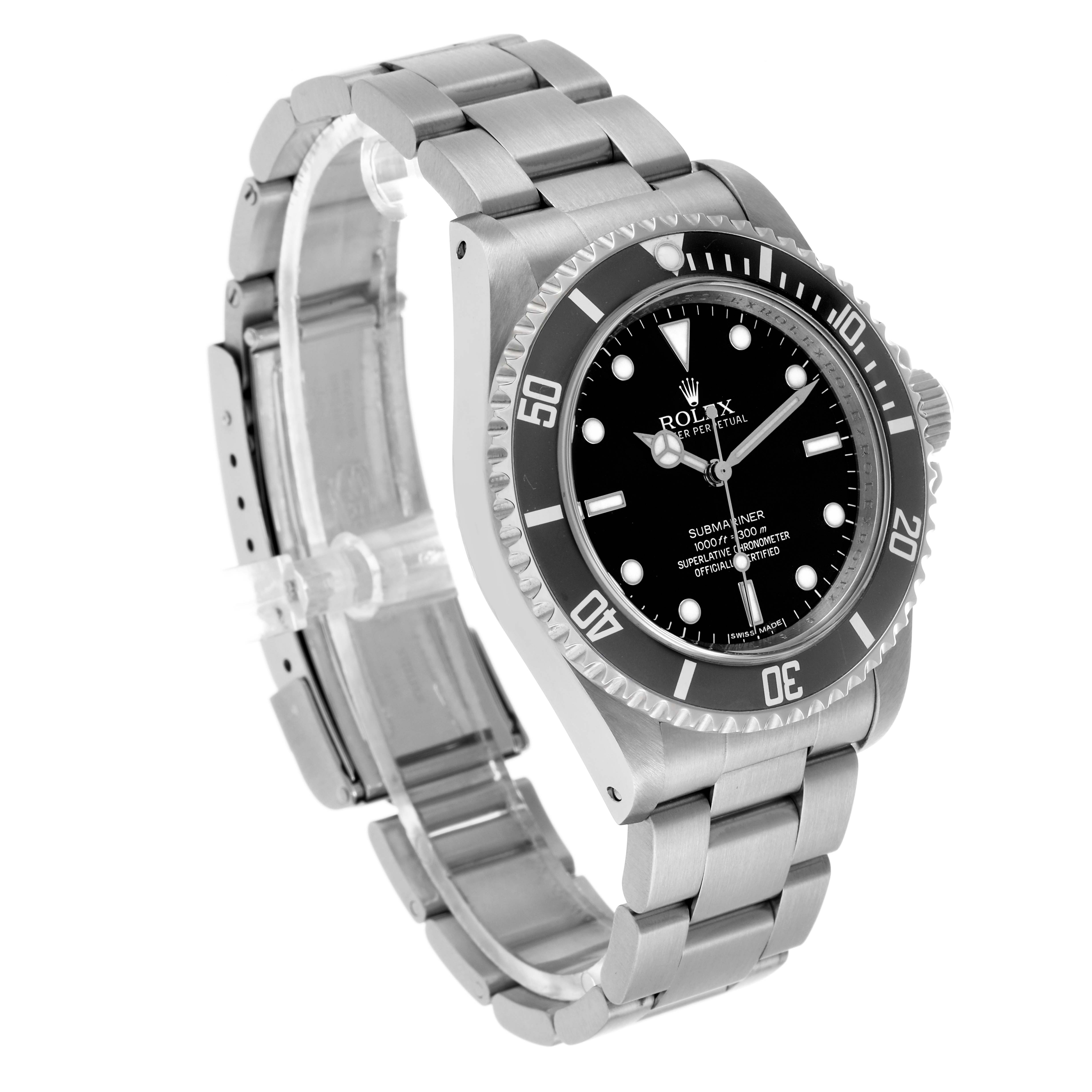 The Rolex Submariner 14060 Men's Stainless Steel Black Dial watch is shown at a three-quarter angle, displaying the face, bezel, crown, and stainless steel bracelet.