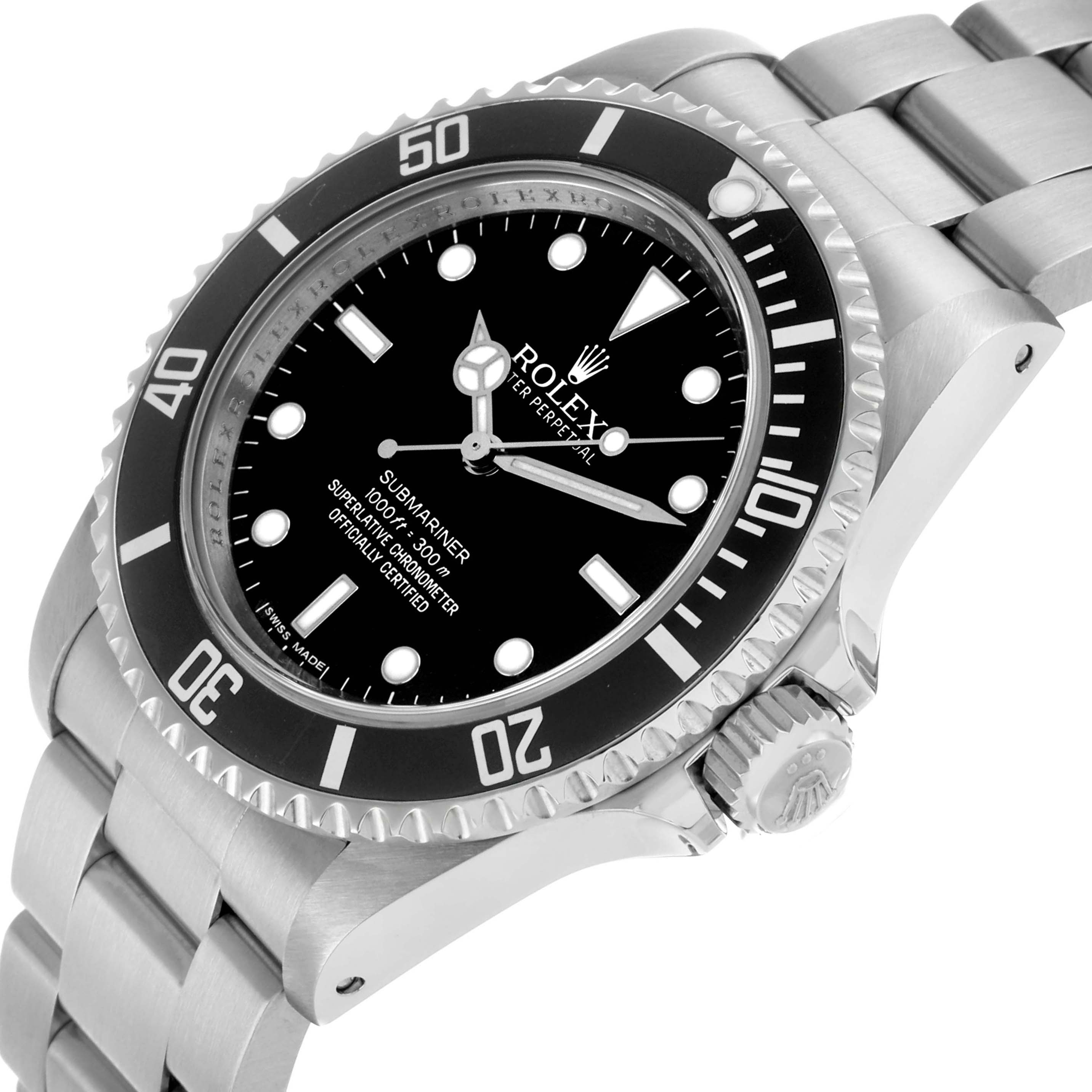 The Rolex Submariner 14060 Men's Stainless Steel Black Dial watch is shown from an angled side view, highlighting the bezel, dial, crown, and bracelet.