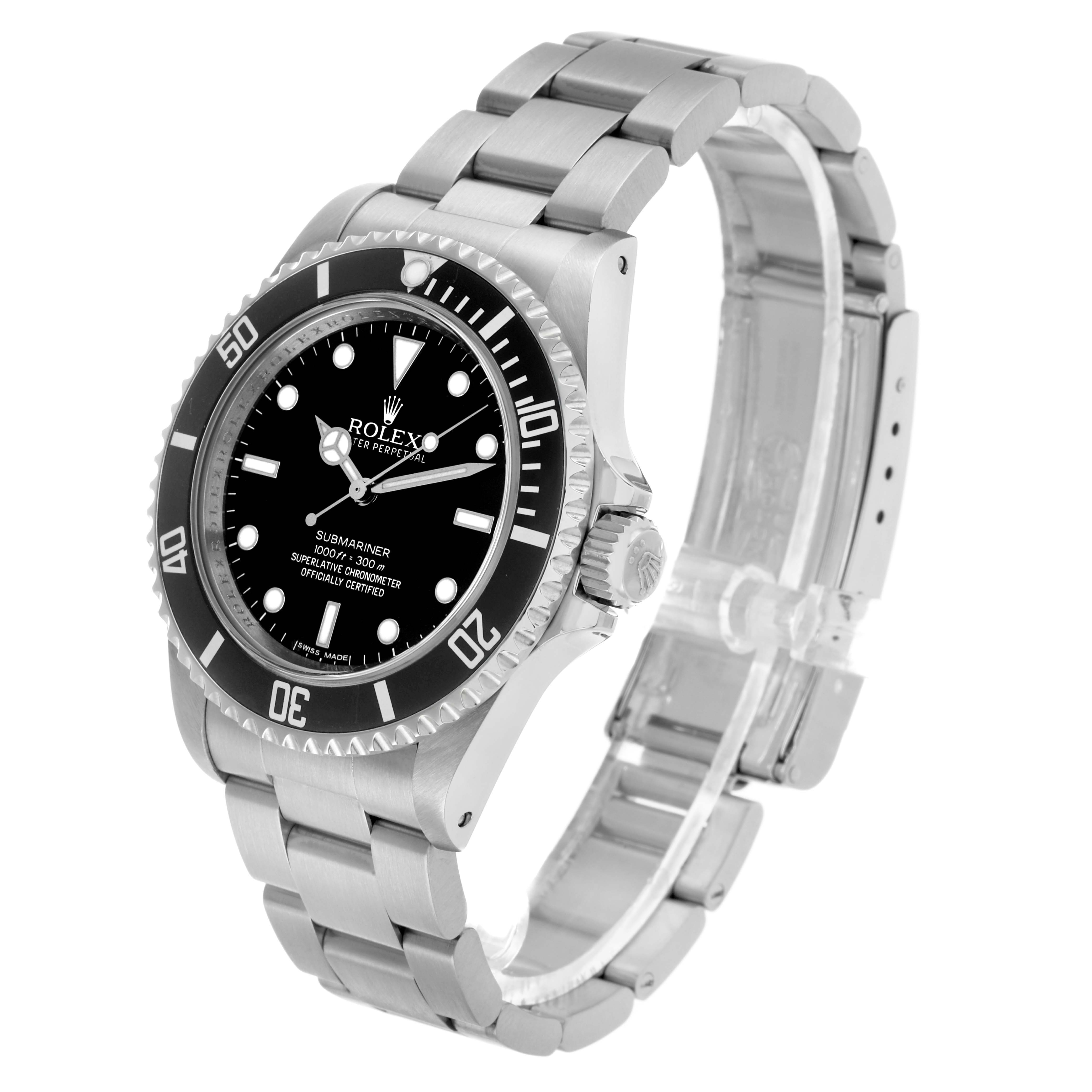 The Rolex Submariner 14060 Men's Stainless Steel Black Dial watch is shown at an angled side view, displaying its bezel, dial, and bracelet.