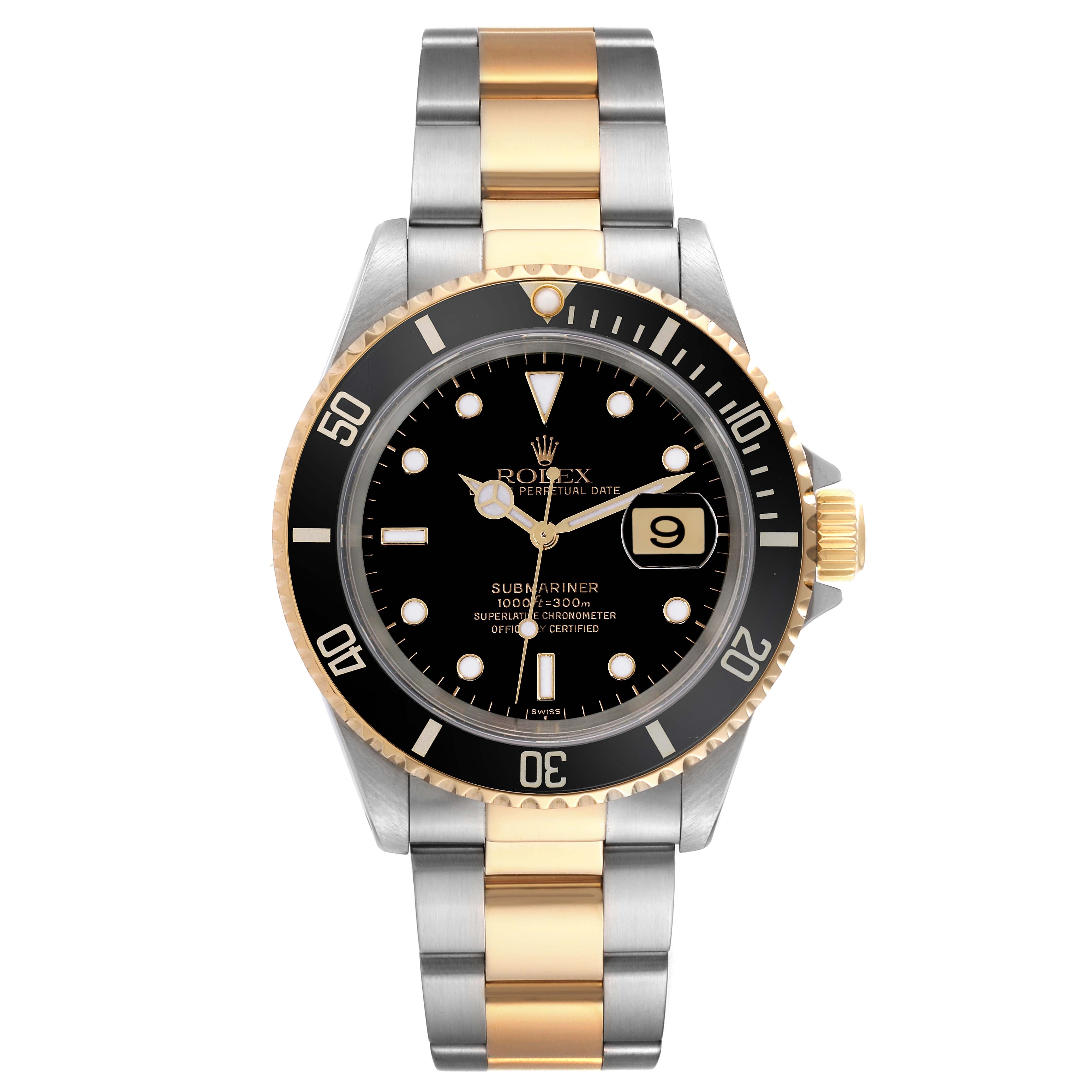 This image shows a front view of a Rolex Submariner 16613 Men's Steel and Gold (two tone) Black Dial 16613 Men's Steel and Gold (two tone) Black Dial watch, highlighting its dial, bezel, and two-tone bracelet.